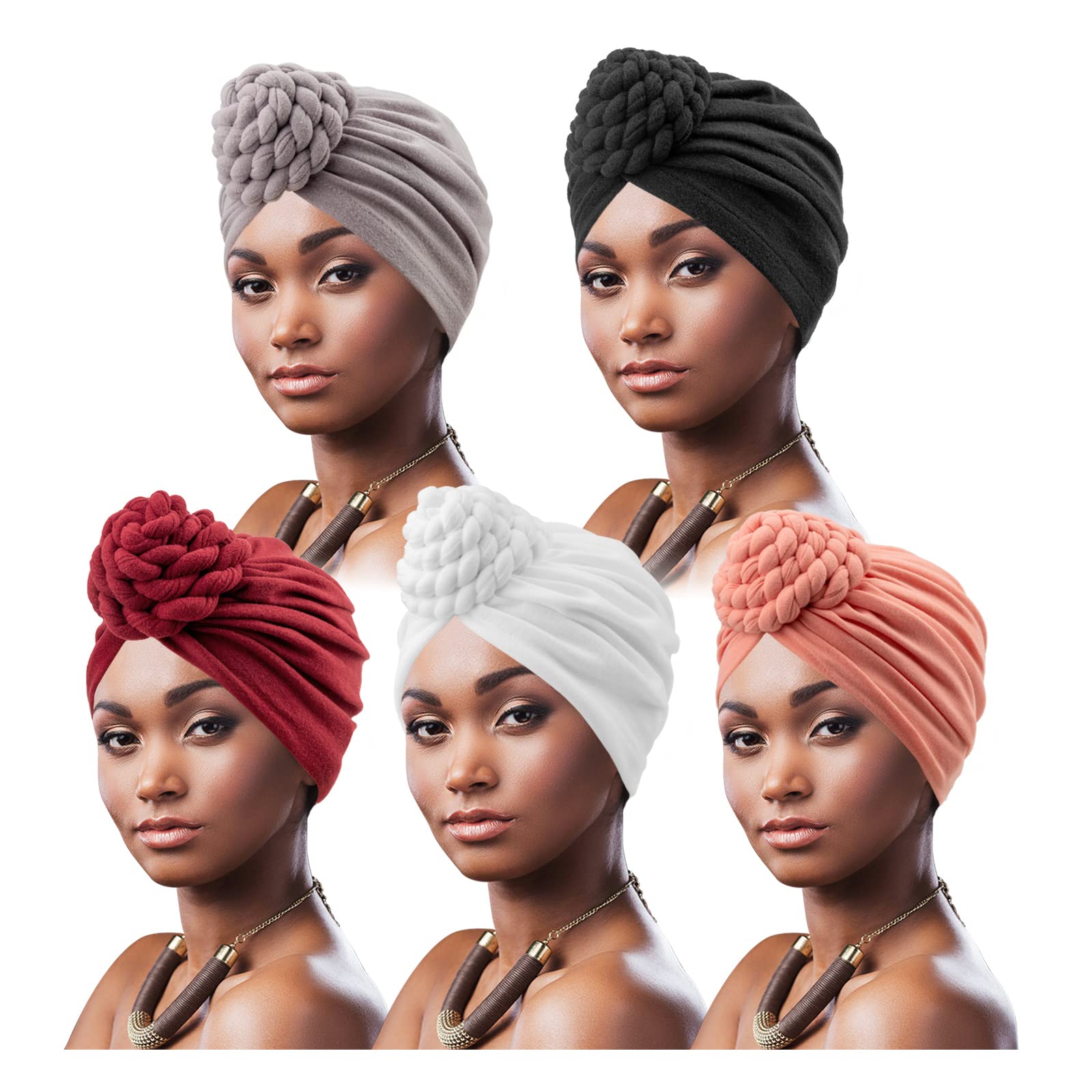 DRESHOW 5 Pack Knotted Headwraps for Women African Turban Pre-Knotted Beanie Headwraps Hair Covers