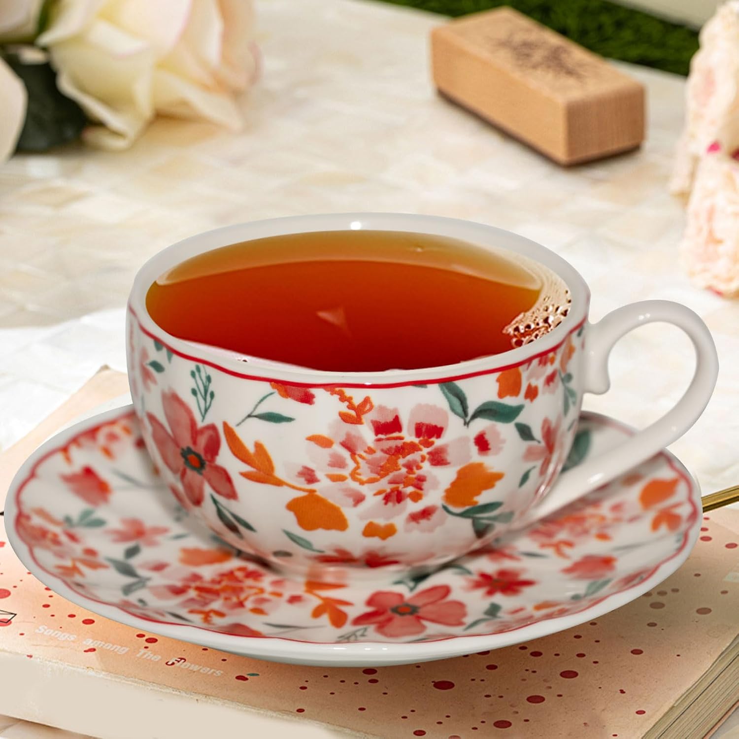 Cups and Saucers Coffee Tea Cups Set of 2 (7.4 oz/ 220ml) Ceramic Cup Espresso Mug Floral Porcelain Vintage Flower Pattern for Gifts, Gatherings, Receptions,Breakfast, Home - Image 6