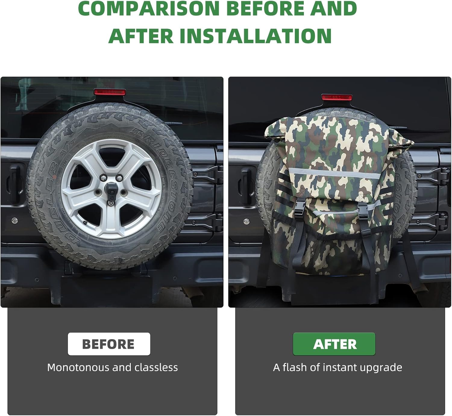 RT-TCZ Spare Tire Covers Spare Tire Storage Bag, Large Capacity SUV Spare Tire Trash Bag, Heavy Duty Oxford Fabric Organizer for Jeep Wrangler TJ JK JL Trucks (Green Camouflage)