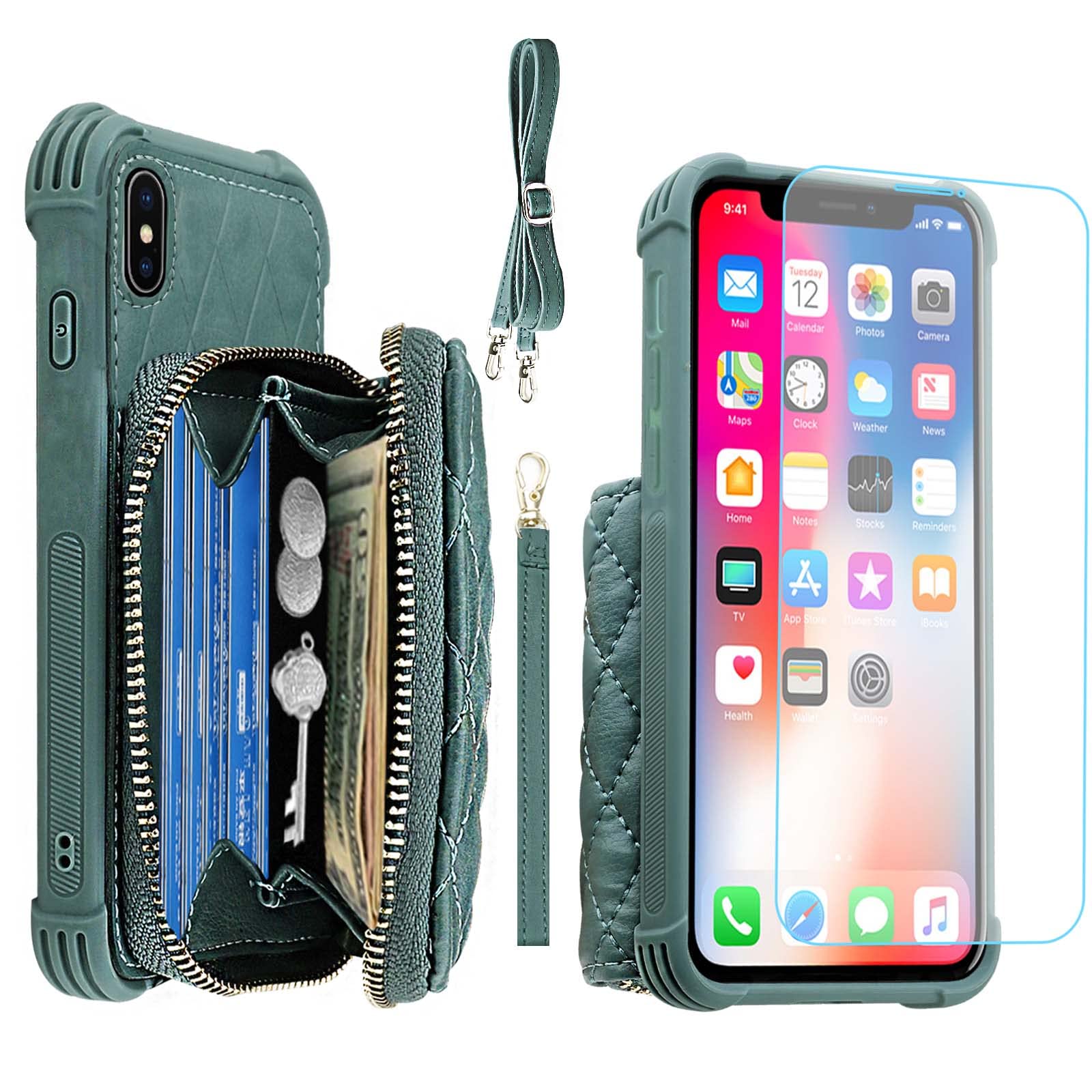 MONASAY Zipper Wallet Case Fit for iPhone X/XS,[Glass Screen Protector ][RFID Blocking] Flip Leather Handbag Phone Cover with Card Holder & Detachable Crossbody Shoulder Lanyard Strap, Light green