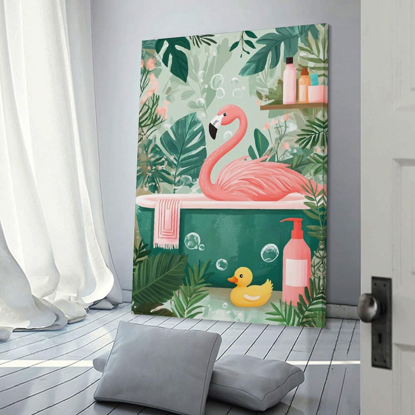 Junmoney Frame-Style-18 Flamingo Bath Time Wall Decor Canvas Print 08X12inch(20X30cm), For Lounge, Study, Hallway Or Flat Walls, Decorative Artwork With Broad Appeal