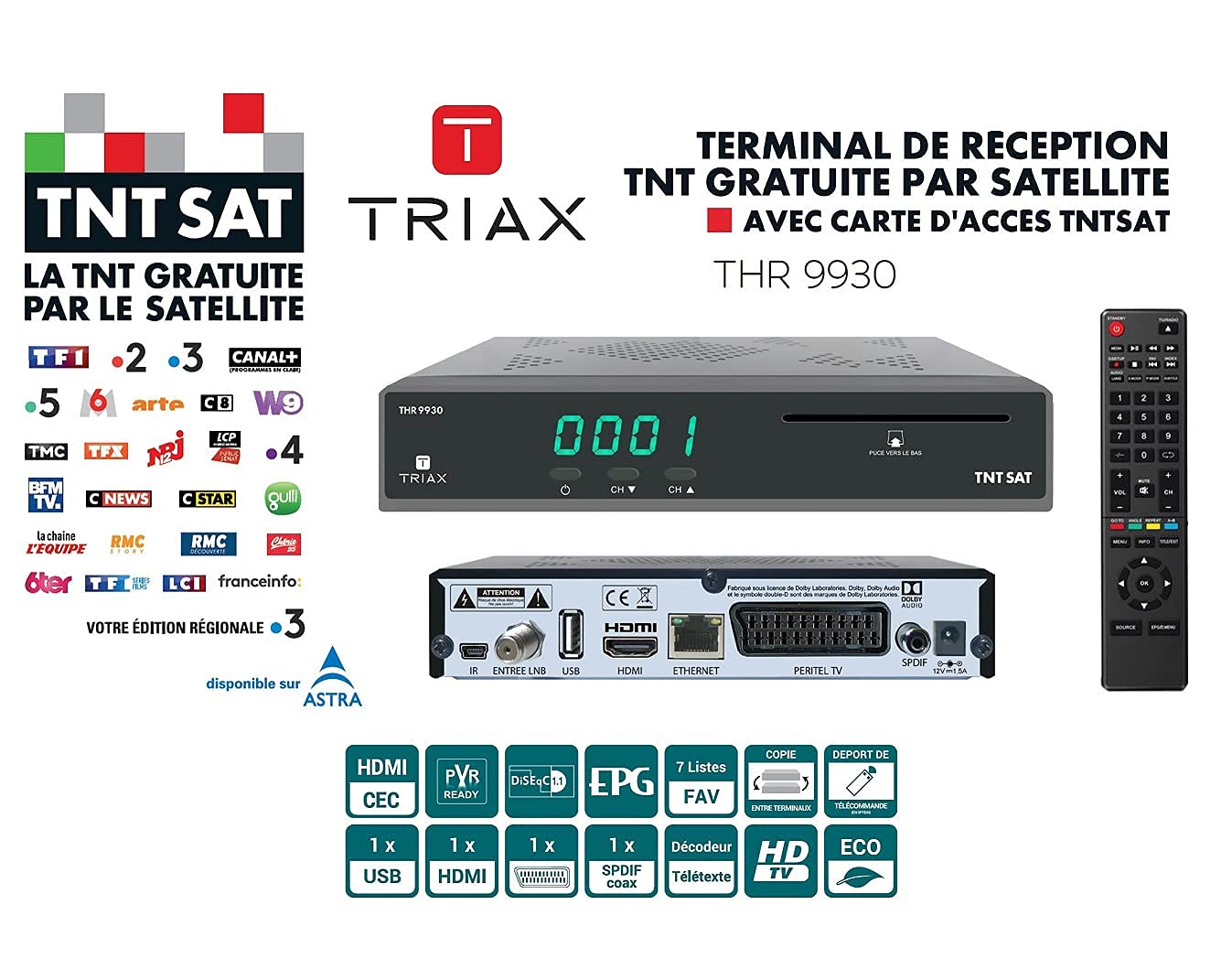 Terminal DE Reception TNT Gratuite par Satellite HD THR 9930 - avec Carte D'ACCES TNTSAT, Port USB pour ENREGISTREMENTS