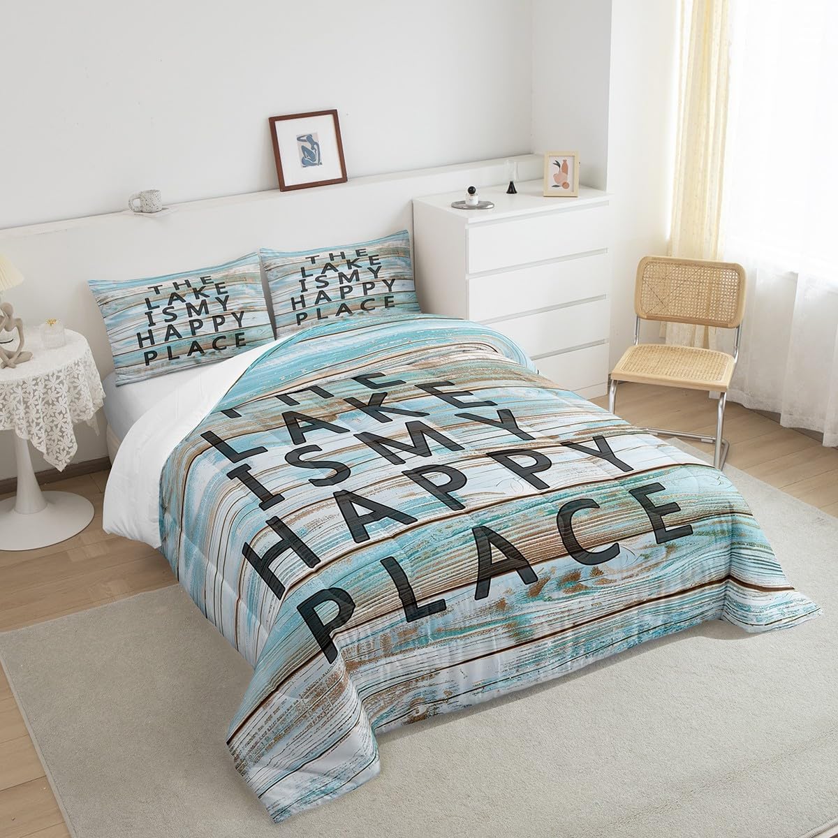 Erosebridal Lake Theme Comforter Set, Lake House Twin Size Style Bedding Vintage Beige Wooden Plank Theme Bedding Comforter Sets for Children Teens Young Boys Girls, Lake Life Quilt with 1 Pillowcase