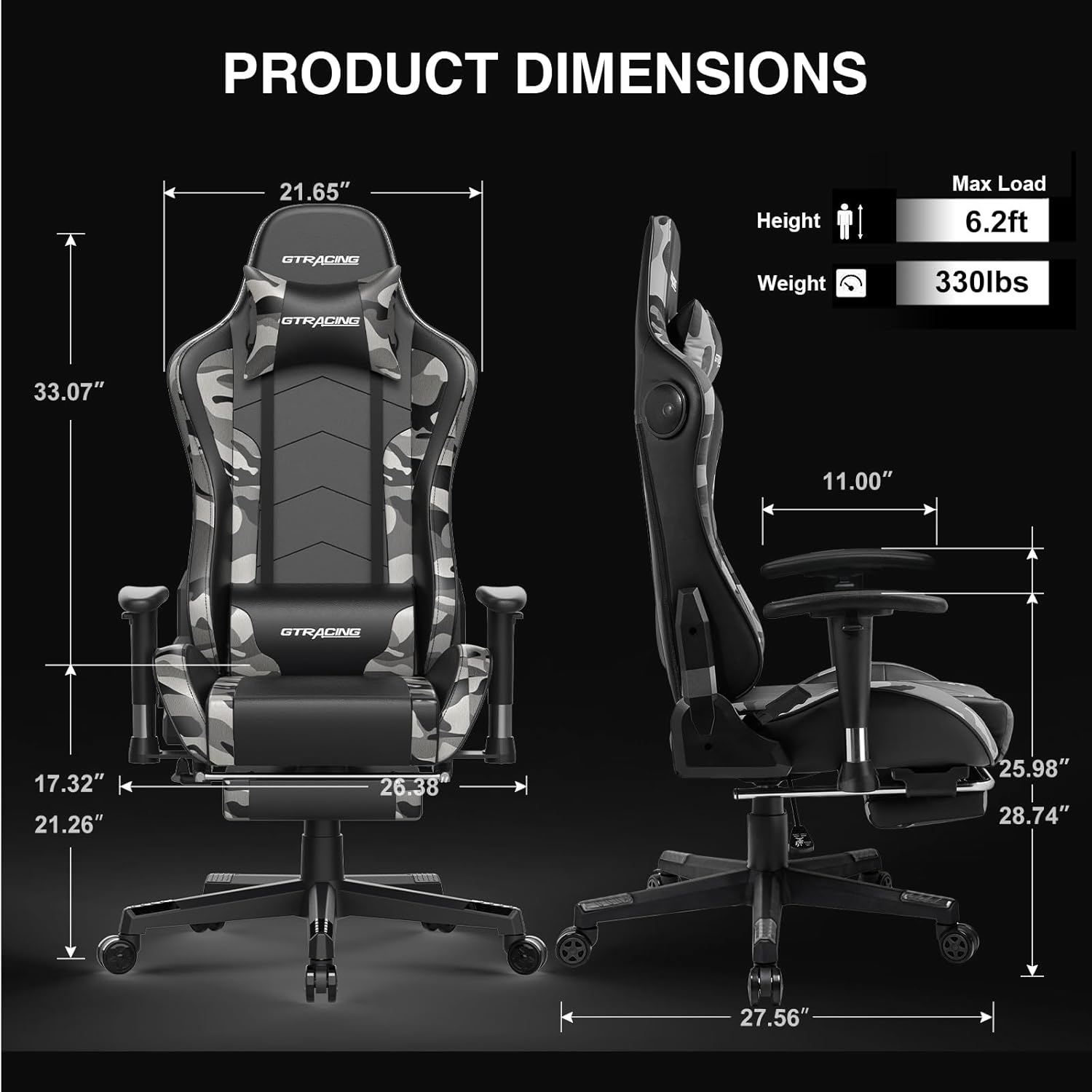 GTRACING Gaming Chair with Footrest Speakers Video Game Chair Bluetooth Music Heavy Duty Ergonomic Computer Office Desk Chair Camouflage