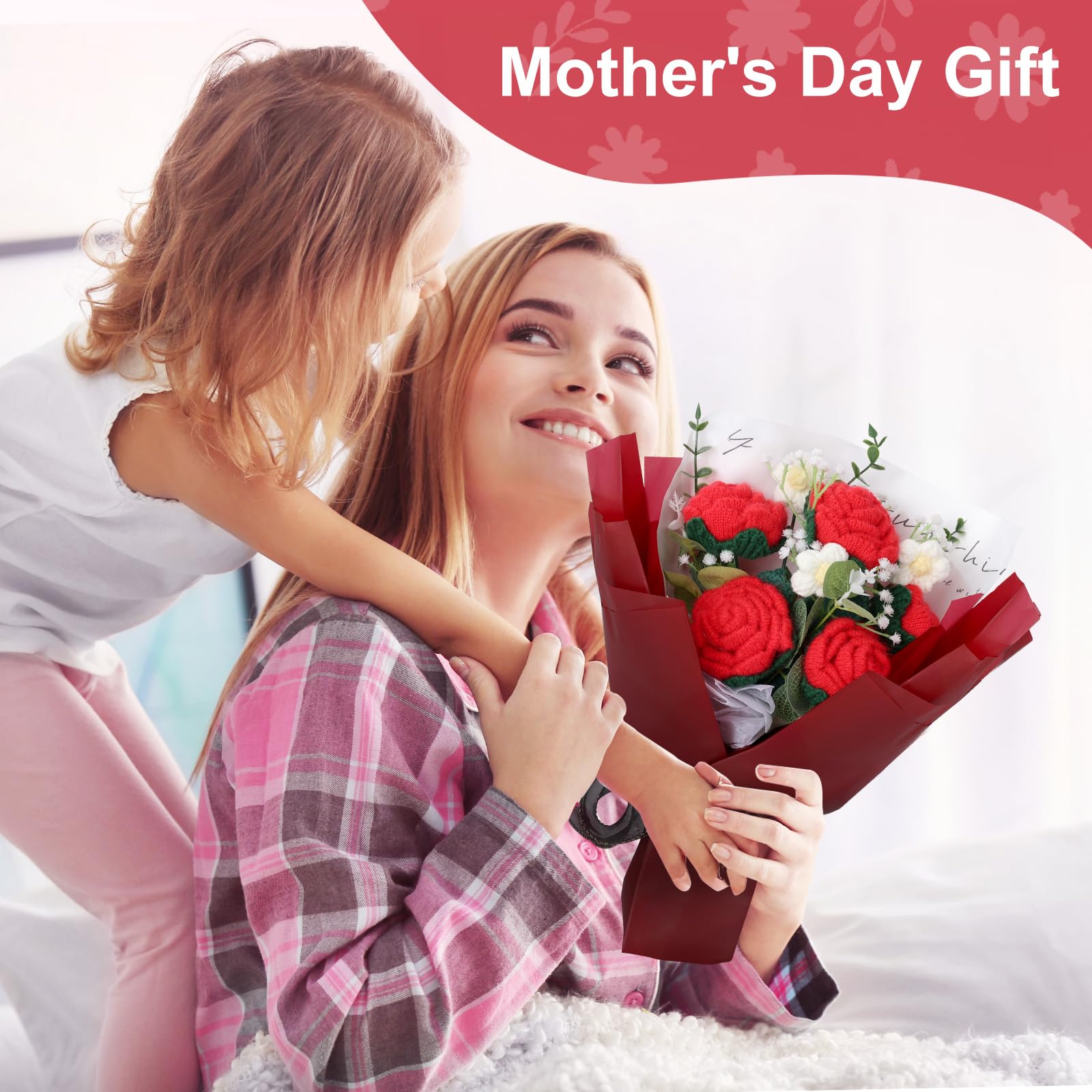Foyucool Bouquet en Crochet Fait Main, Composition Florale Finie avec Sac Cadeau, Rose Rouge, Décoration Bureau, Idée Cadeau pour Femme