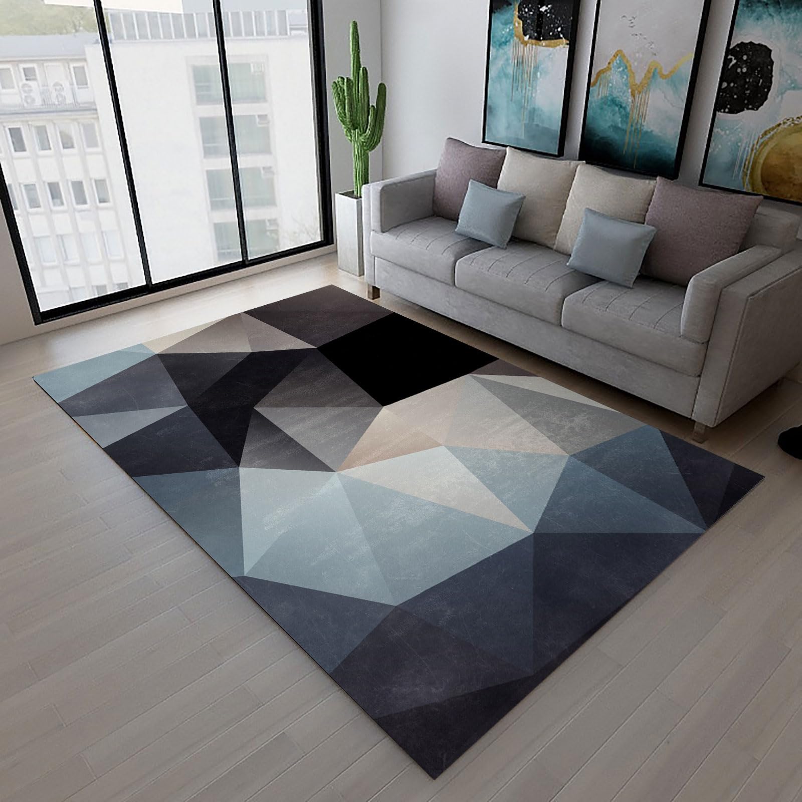 Tapis salon lavable 200x290 cm grand format géométrique bleu et gris