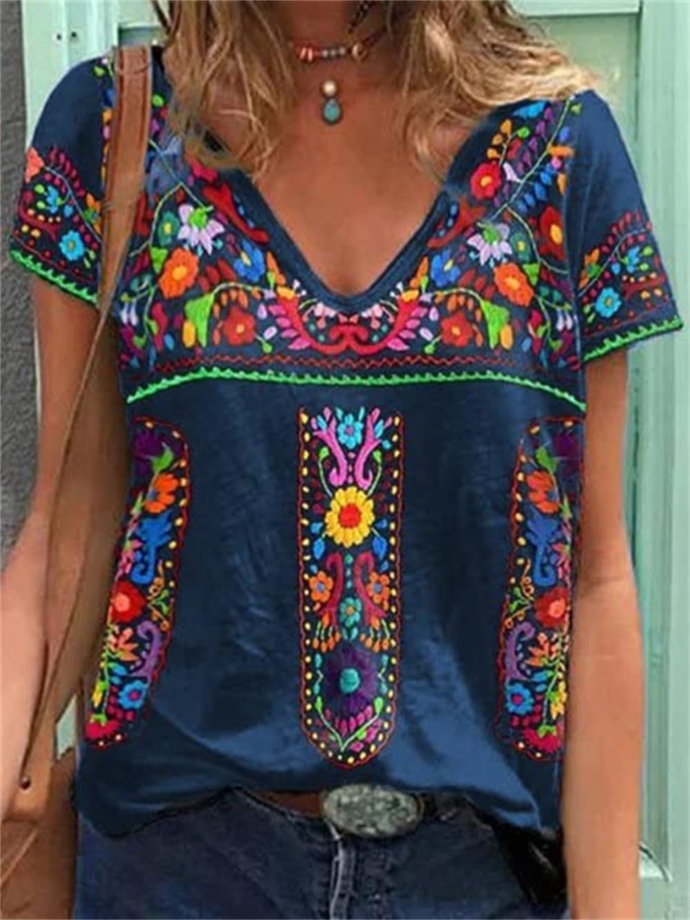 Melliflo Fiesta Mexican Shirts for Women V Neck Floral Print Boho Short Sleeve Casual Embroidered Tops - Image 2