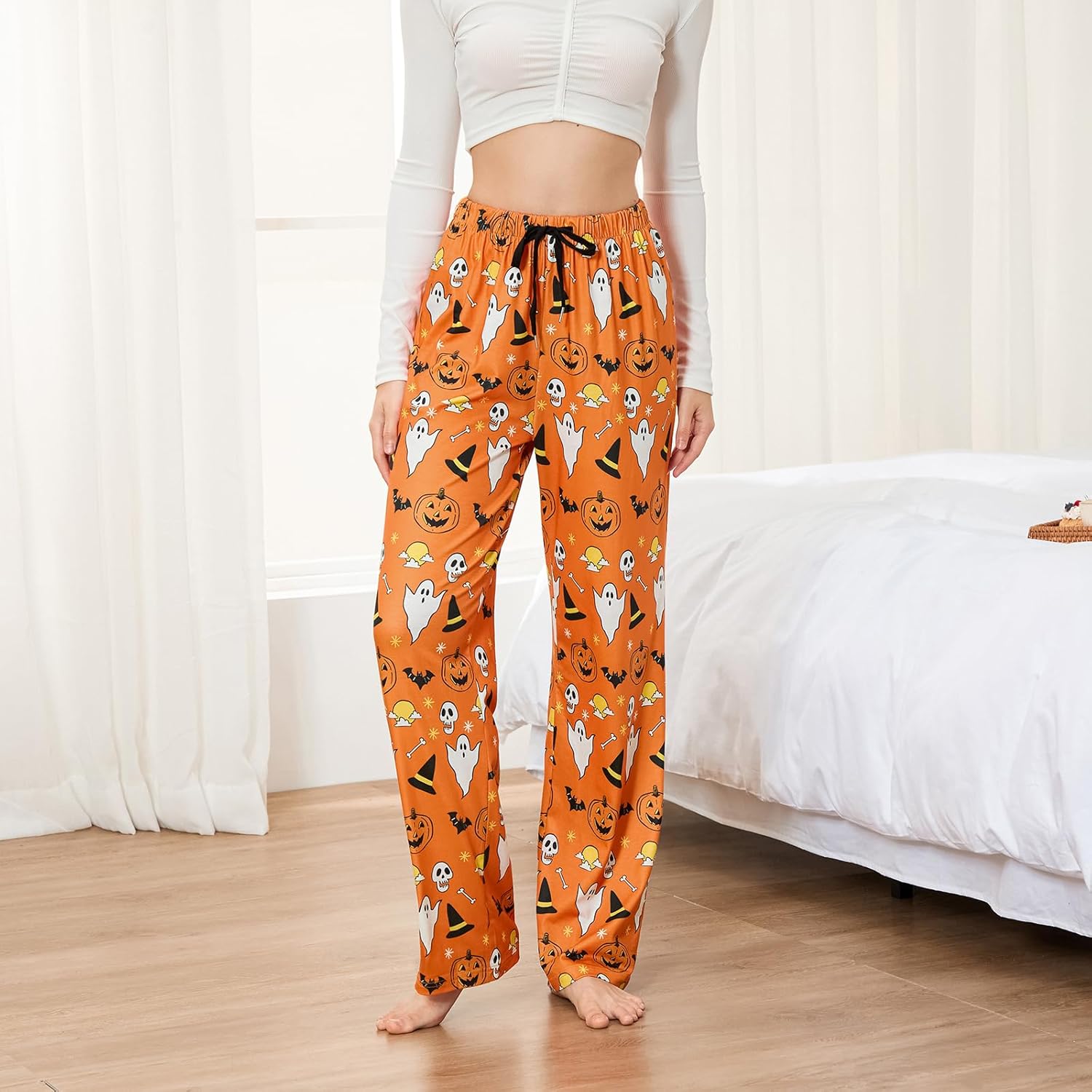 Women's Halloween Pajama Pants Elastic Waist Ghost Pumpkin Print Lounge Pants Comfy Drawstring Sleep Bottoms Pjs - Image 2
