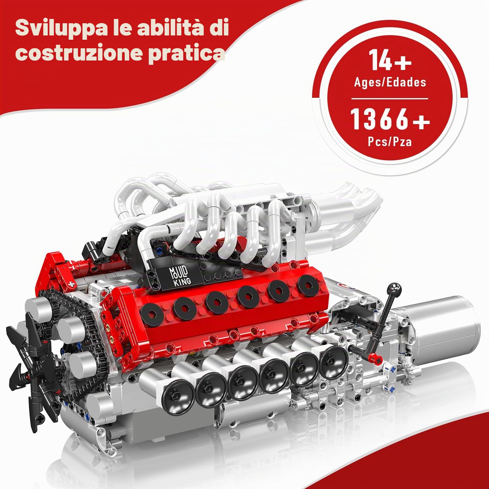 Mould King 10210 Technik V12, kit di costruzione per motori a benzina, motore di aspirazione naturale, set di modellini per adulti (1366 pezzi)