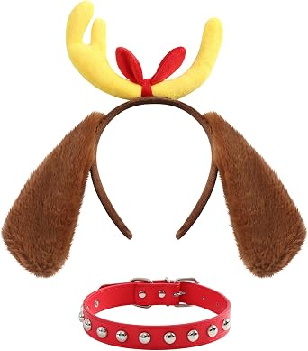 Obavioy Reindeer Antler Dog Ears Headband Red Collar for Adult | Christmas Deer Dog Costume, Halloween Party Accessories, Adjustable Choker, Durable Faux Leather, Smooth Plush
