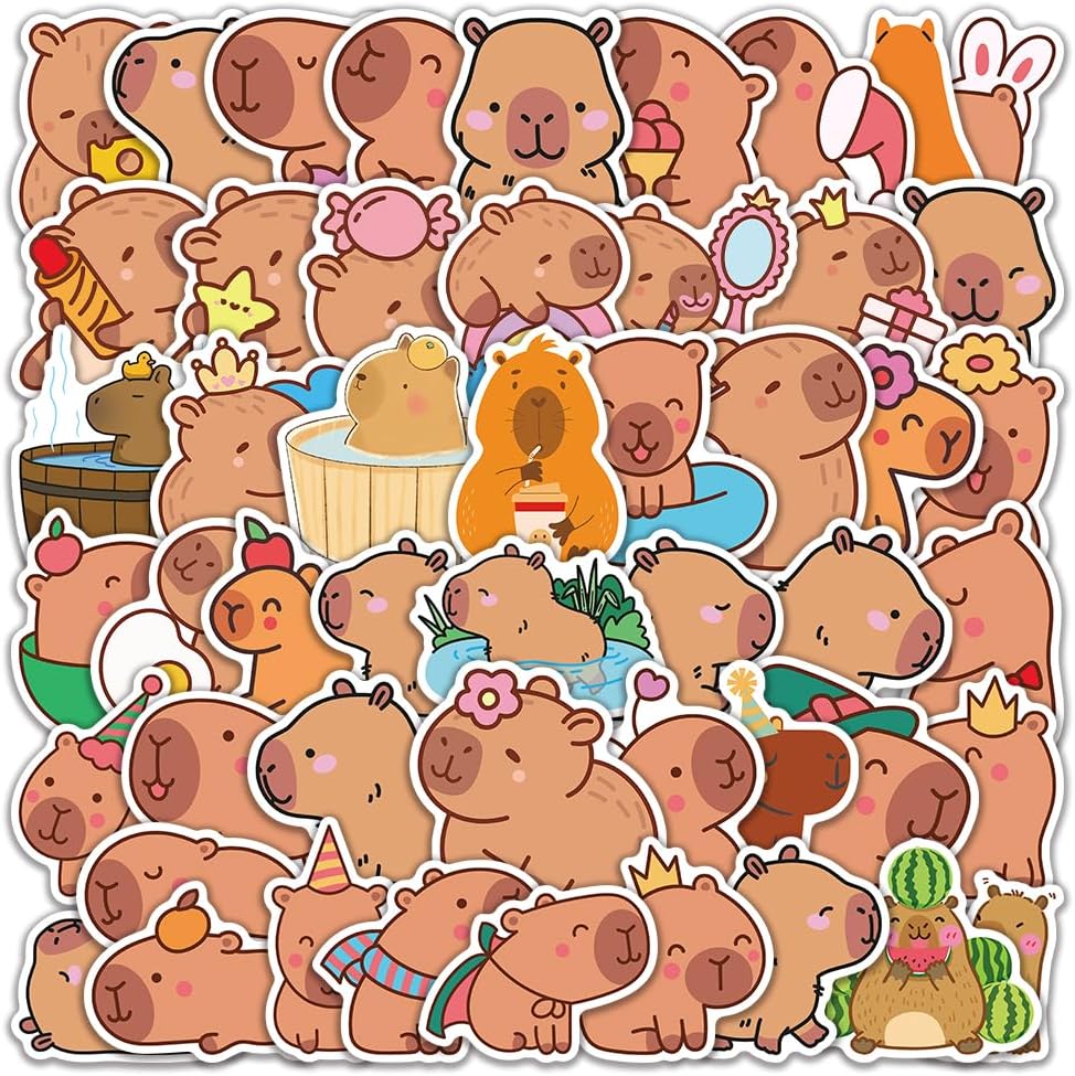 Kawaii Animal Stickers, 50 Pcs Vinyl Waterproof Capybara Decals for Bottles, Laptops, Luggage, Snowboards, Guitars, Scrapbooks, Phones, Gift for Teens, Girls, Kids, Adults