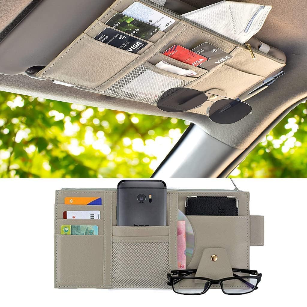 Car Sun Visor Organizer with Phone Holder, PU Leather Auto Storage Wallet for Cards, Glasses & Documents Premium β Multi-Pocket Holder Sunglasses, Phone, Cards Cash