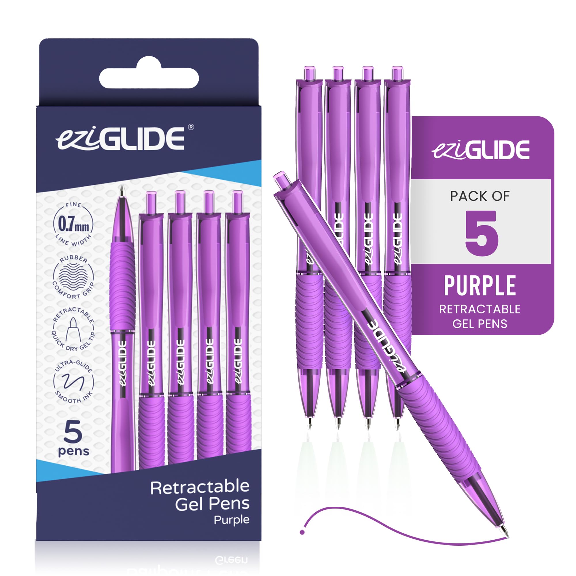 Eziglide Purple Retractable Gel Pens, Pack of 5 Pens, Smooth Tip Writing Pens, Gel Pens for Writing, Drawing & Sketching, Great for Office, School & Home
