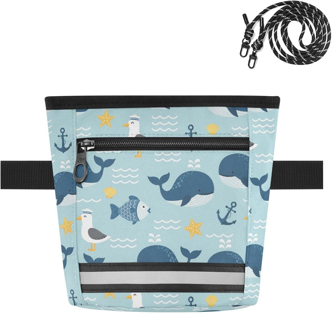 Whales Seagulls Blue Print Dog Treat Pouch with Magnetic Closure, Dog Training Bag with Adjustable Waist Belt and Shoulder Strap, Reflective Pet Treat Fanny Pack for Outdoor Walking, 1.7L