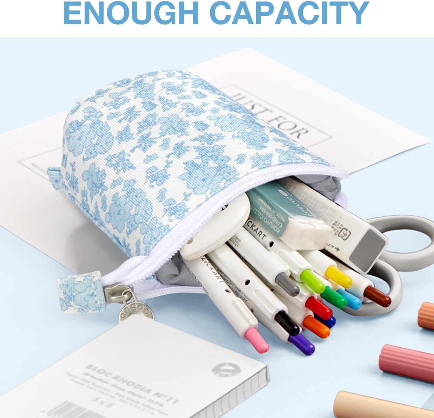 Cute Standing Pencil Case Pen Holder for Kids, Pop Up Stand UP Bubble Tea Pen Organizer Kawaii Stationary for Christmas Holiday New Year Office (Blue flowers)