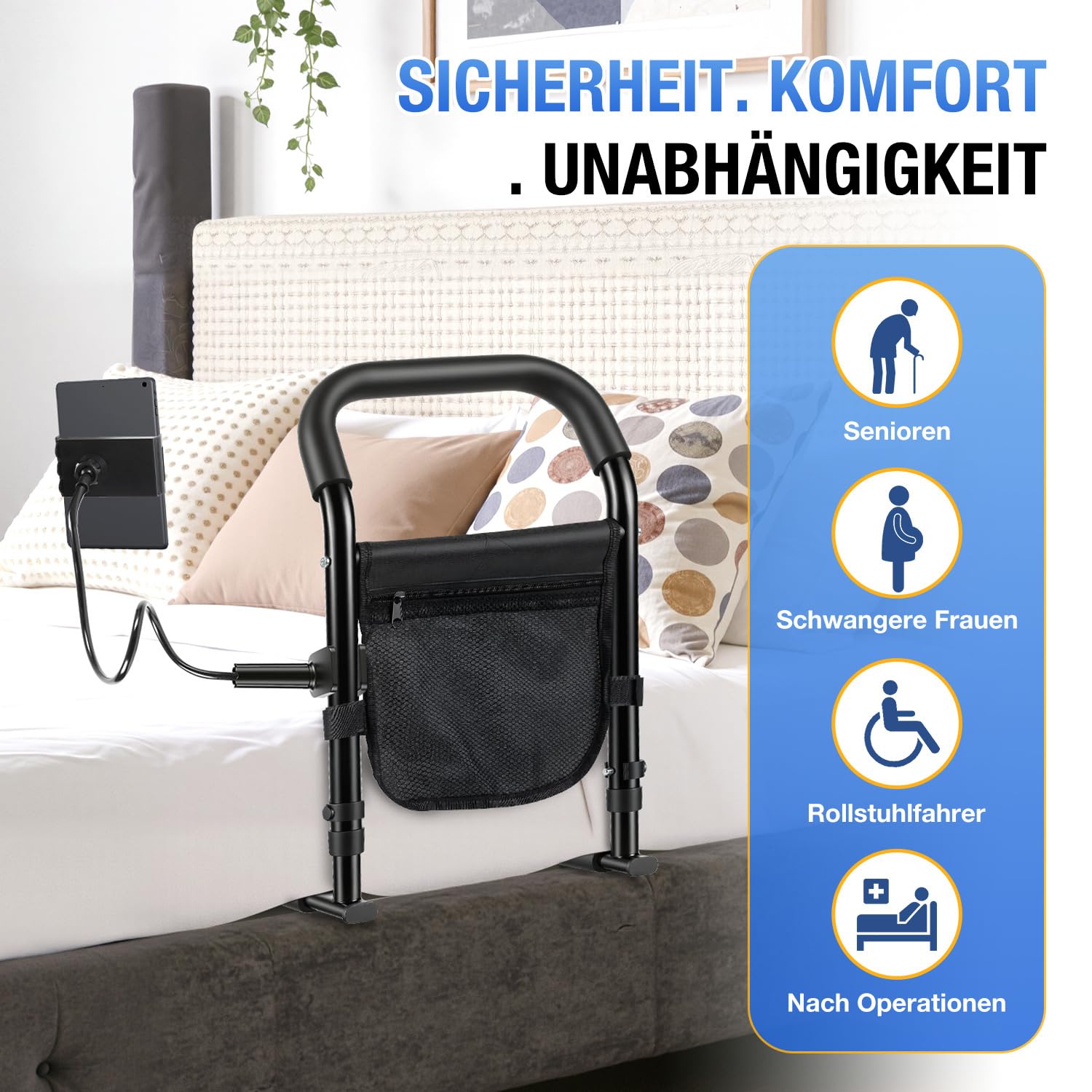 Fiqops Łóżko dla seniorów z uchwytem na telefon komórkowy, regulacja wysokości 40-55 cm, antypoślizgowy uchwyt mocujący do 136 kg, stabilny uchwyt z torbą i paskiem mocującym