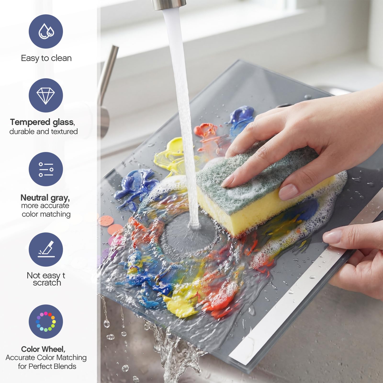 Palette de peinture en verre trempé de 30,5 x 40,6 cm avec échelle de gris neutre, coussinets antidérapants et protections d'angle, surface de mélange précise des couleurs pour acrylique, huile