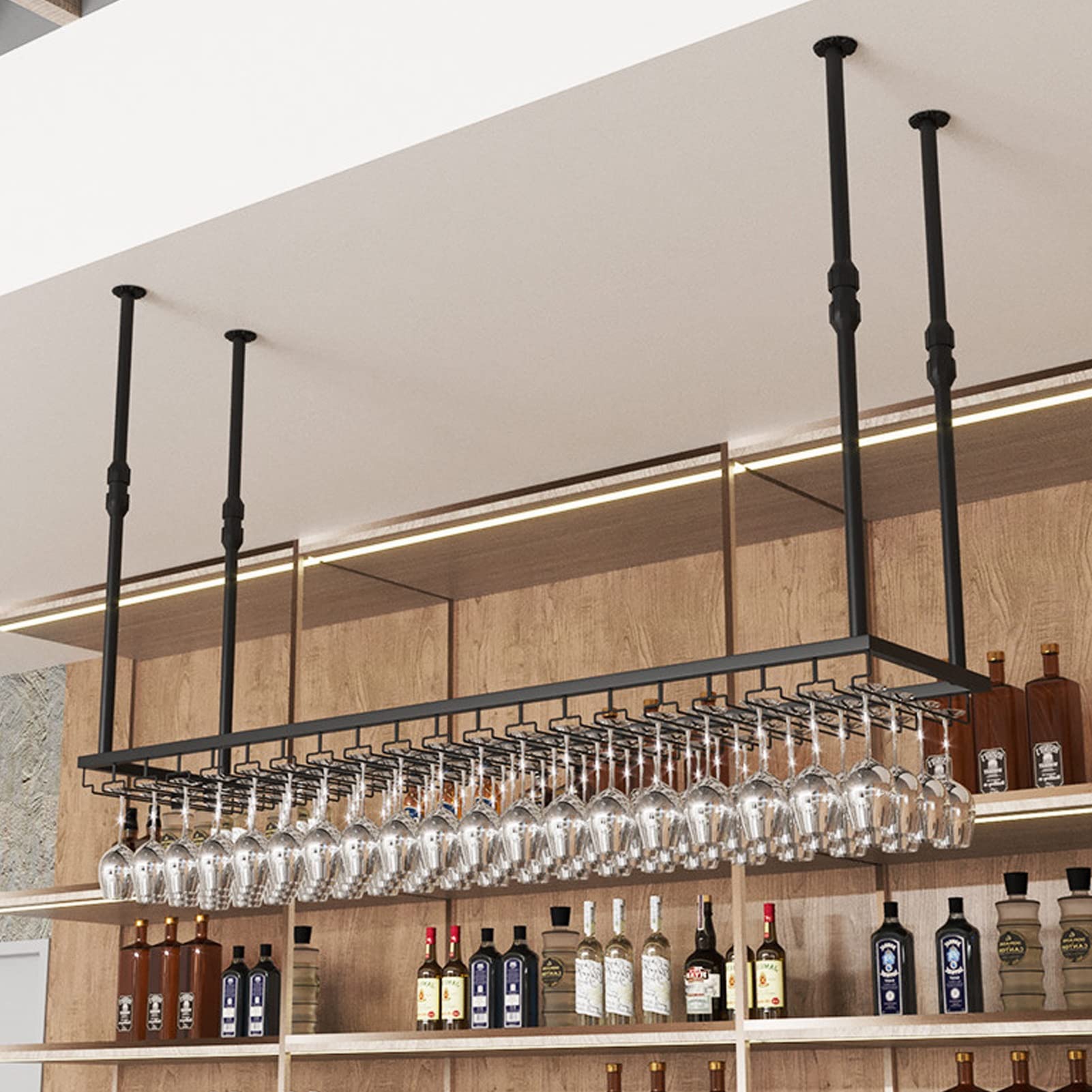 Étagère à vin de plafond en métal noir pour bouteilles et verres à pied