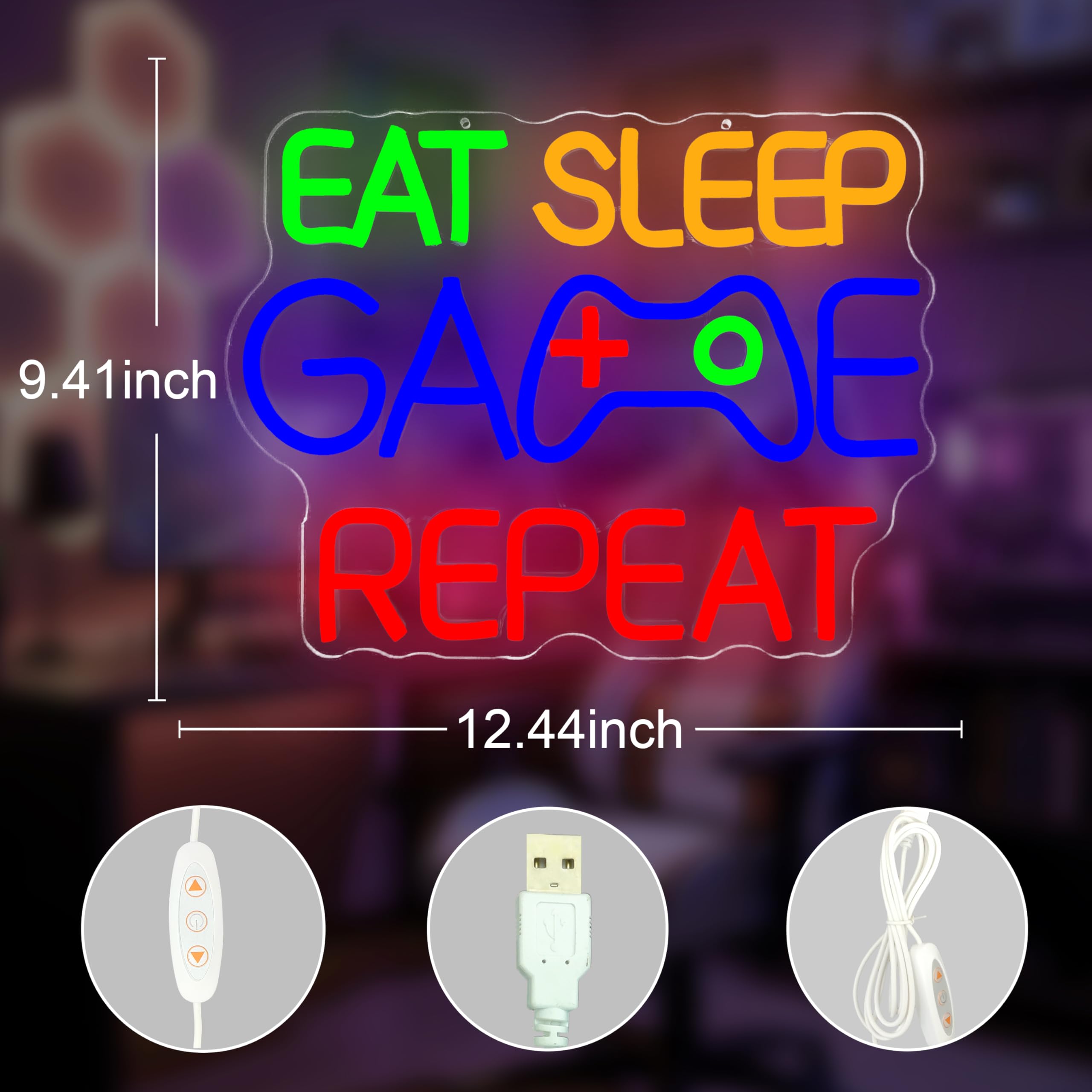 Eat Sleep Game Repeat Insegna al neon da gioco LED per la stanza dei ragazzi alimentata tramite USB, cartello decorativo per uomo, grotta, bar, camera da letto, sala giochi, arte da parete al neon per