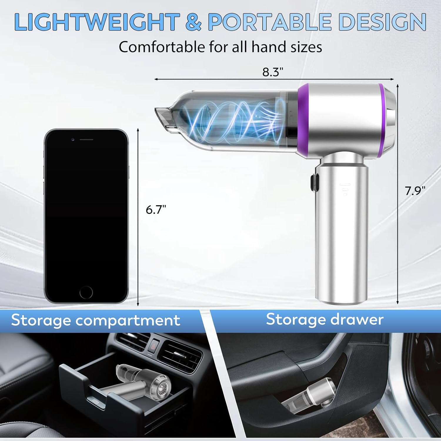 Handheld Car Vacuum Cordless, 22000PA Strong Suction Mini Vacuum Cleaner with 100,000 RPM Brushless Motor, 4-in-1 Portable Vacuum for Car Detailing, Camping, Home & Gift, Silver Purple - Image 7