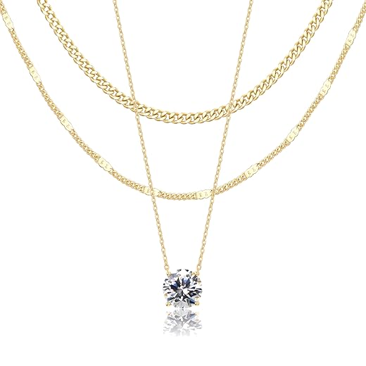 WomenGifts Layered Gold Necklaces for Women, 14K Gold Sterling Silver Plated Dainty Pendant Necklace Set Non Tarnish, Chunky Stackable Cuban Chain Choker, Trendy Birthstone Vacation Jewelry Gift