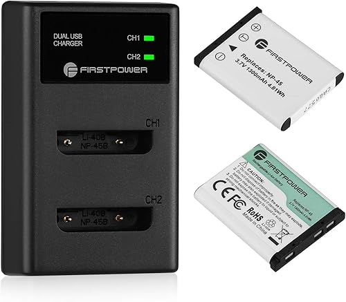 FirstPower Batería NP-45/NP-45A/NP-45S (X2) y cargador dual para Fujifilm INSTAX Mini 90 Fuji FinePix XP140 XP130 XP120 XP90 XP80 XP70 XP60 XP30