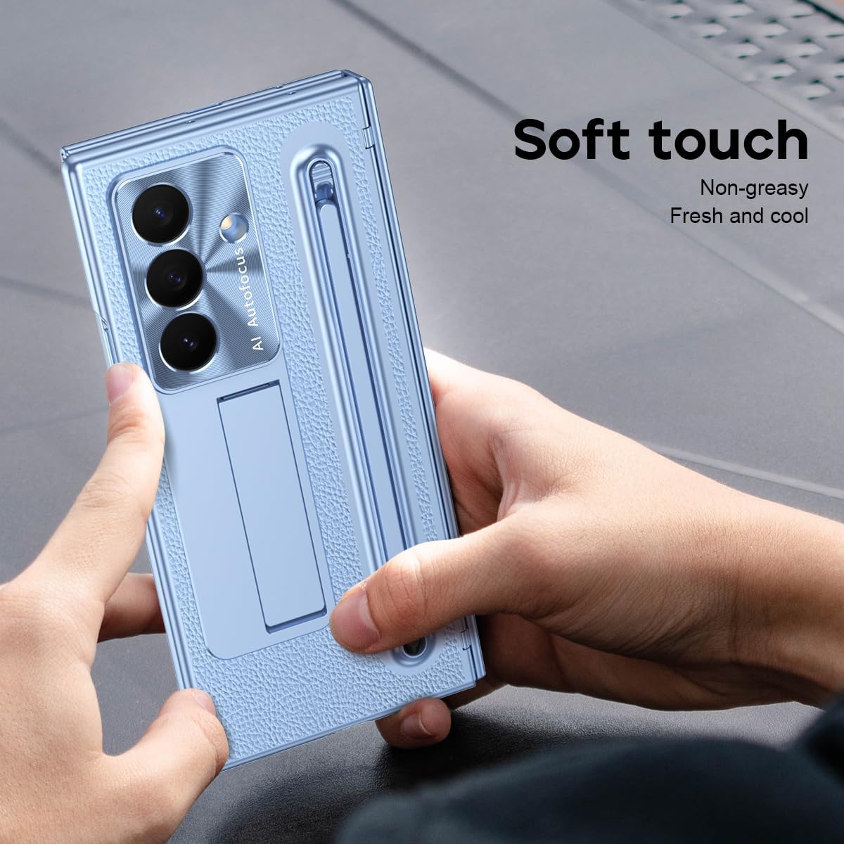 NINKI for Samsung Galaxy Z Trifold Case with S Pen & S Pen Holder, Kickstand & Front Screen Protector Hinge Electroplating Leather Phone Cover for Z Trifold Case with Stand and Stylus – Blue