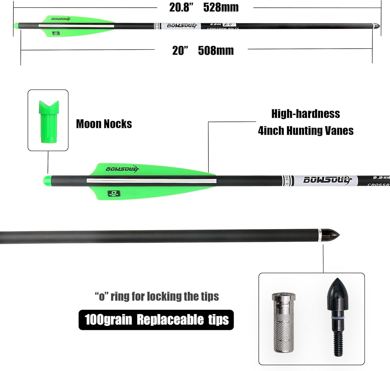 Crossbow Bolts 20 22 Inch Carbon Archery Arrows Hunting Bolts with Removable Tips 12Pack