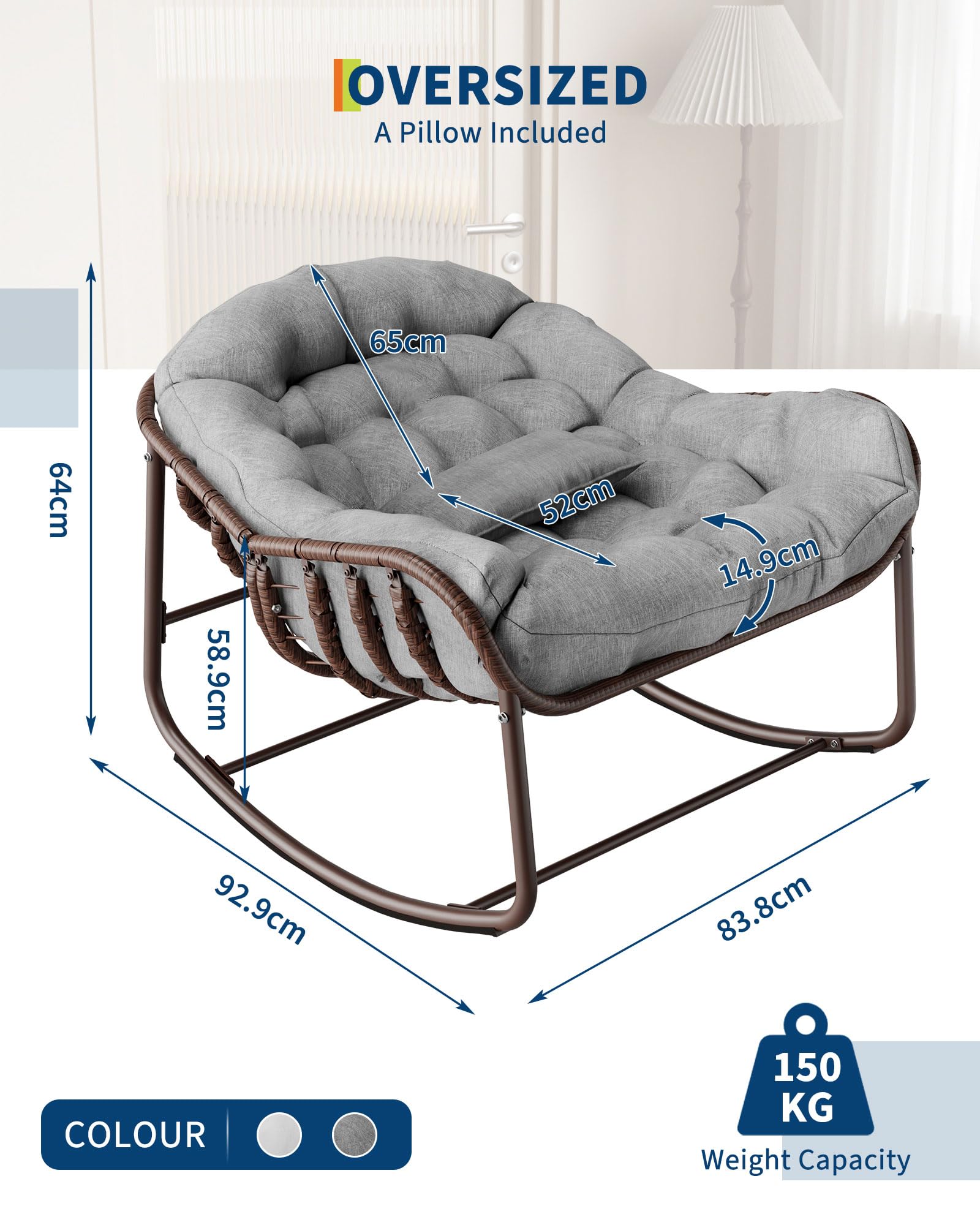 GarveeHome Outdoor Patio Schaukelstühle, Überdimensionierter Papasan-Schaukelstuhl für Innen mit Gepolstertem Kissen - Ei-Schaukelstuhl für Wohnzimmer, Veranda, Garten, Terrasse, Hinterhof