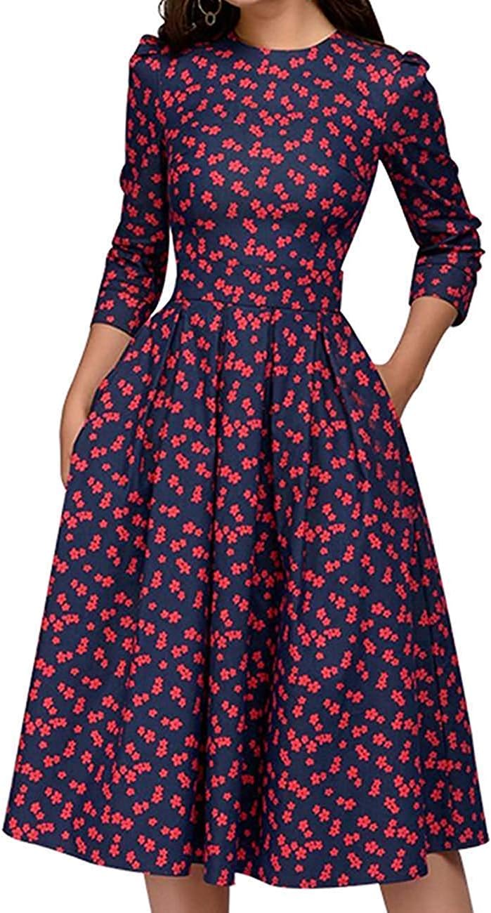 Women's 50s Floral Cocktail Vintage Retro Dresses Elegant Midi Evening Dress 3/4 Sleeves with Pockets