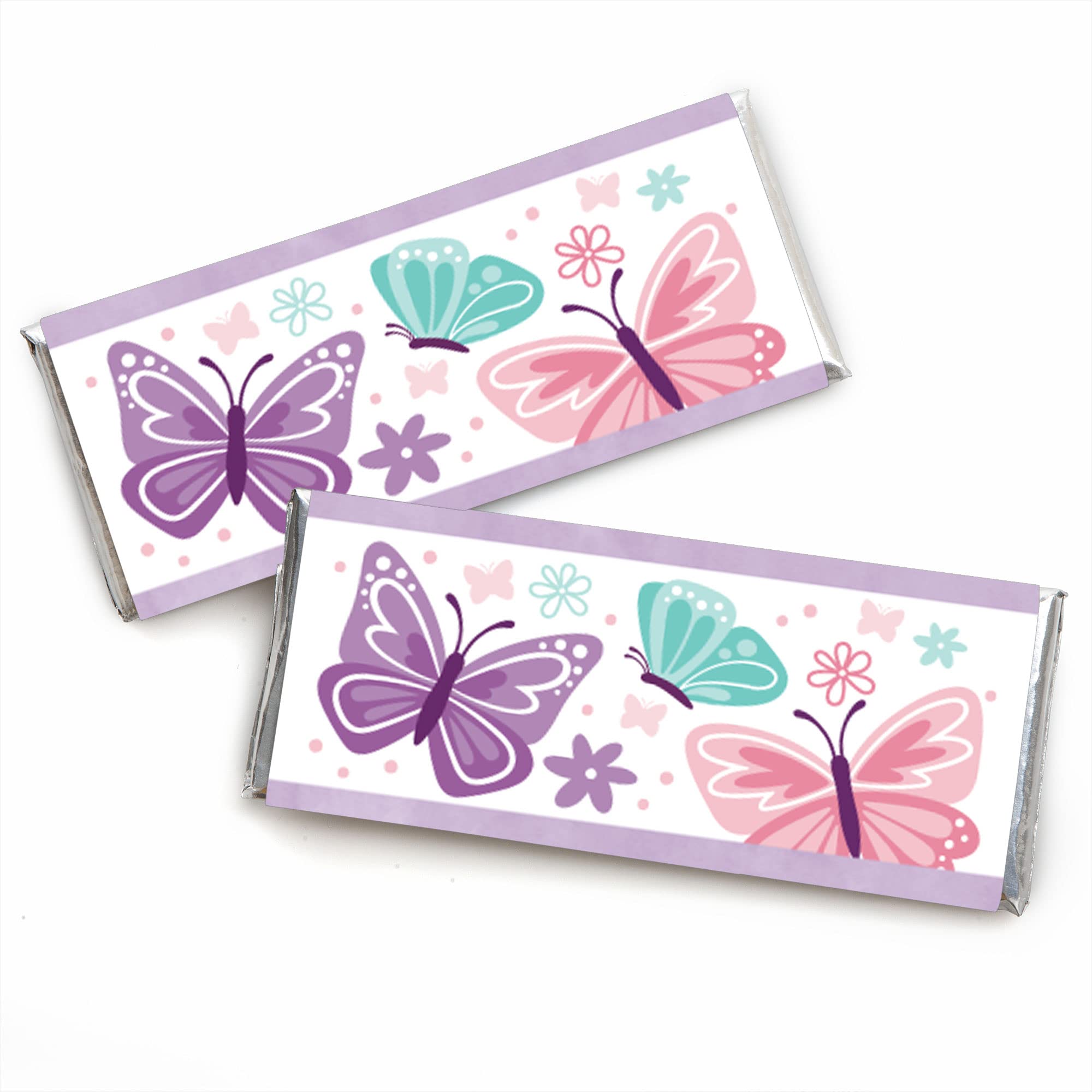 Big Dot of Happiness Beautiful Butterfly - Candy Bar Wrapper Floral Baby Shower or Birthday Favors - Set of 24
