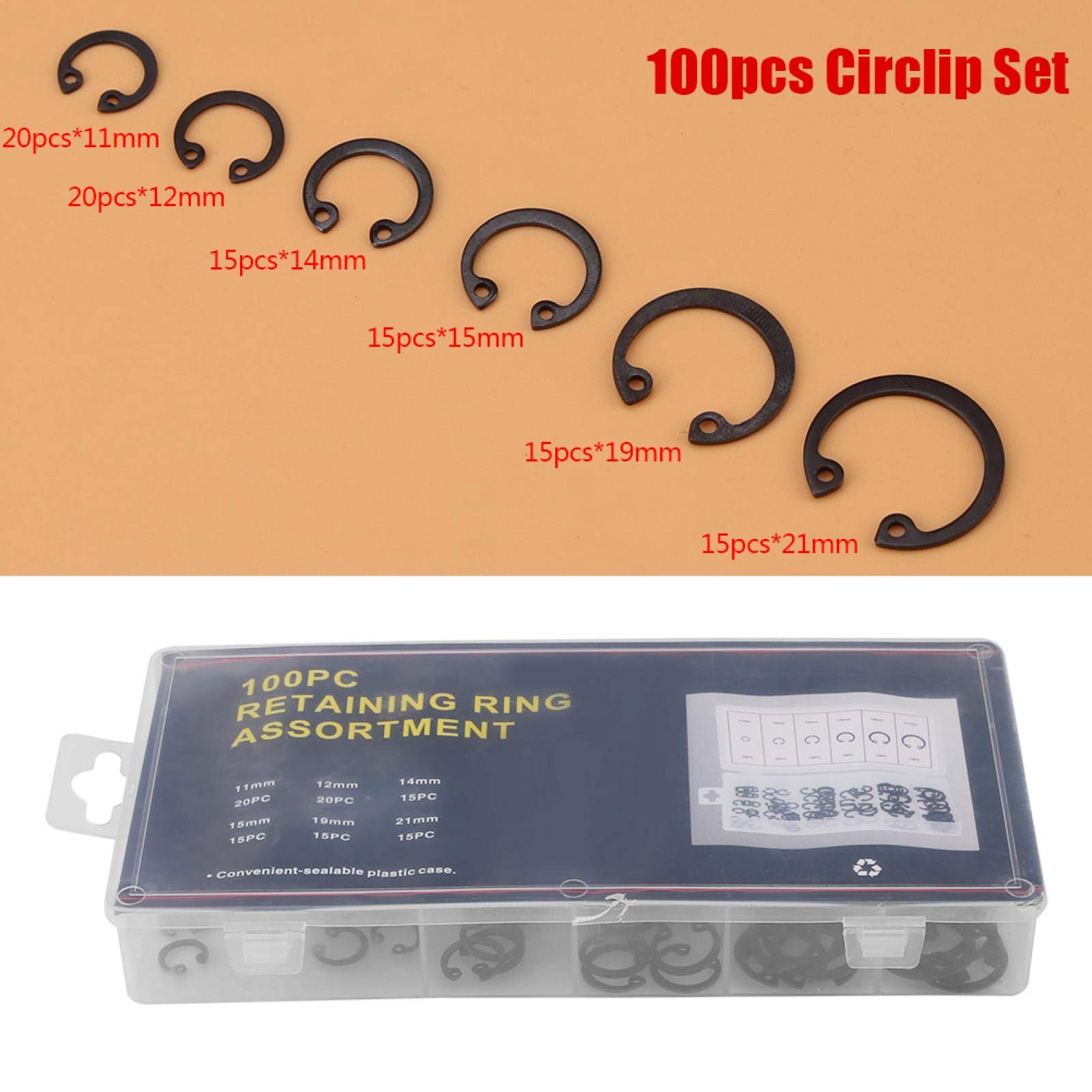 100-teiliges Sicherungsring Sortiment - A3 Stahl Mit 6 Größen 11-21 Mm