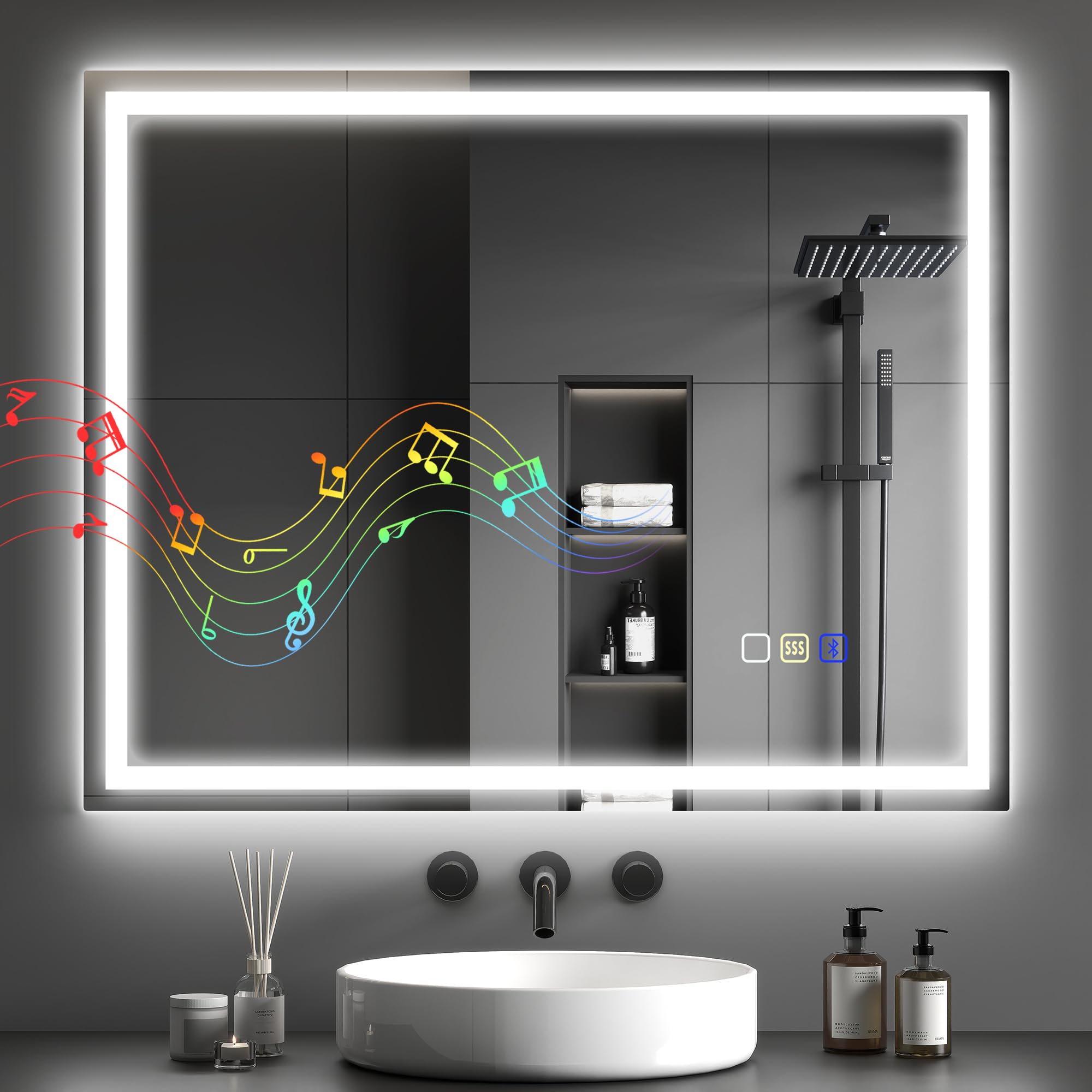 HOMCOM, Specchio da Parete con Luce LED e Speaker Bluetooth 100x80 cm | 3 Colori, Luminosità Regolabile, Funzione Memoria, Antiappannamento, Interruttori Touch, Orizzontale/Verticale
