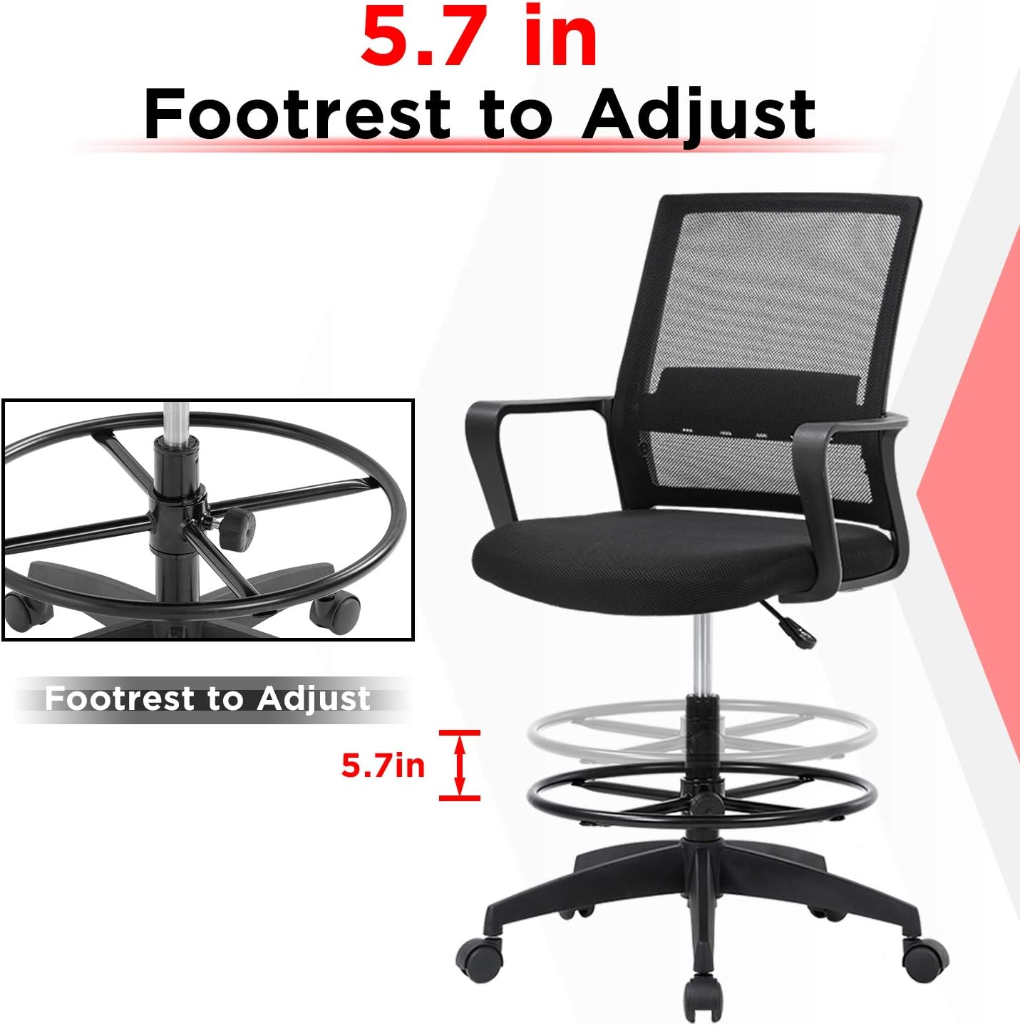 Drafting Chair Tall Office Chair Mesh Ergonomic Mid-Back Desk Chair with Adjustable Foot Ring for Executive Computer Standing Desk, Black - Image 4
