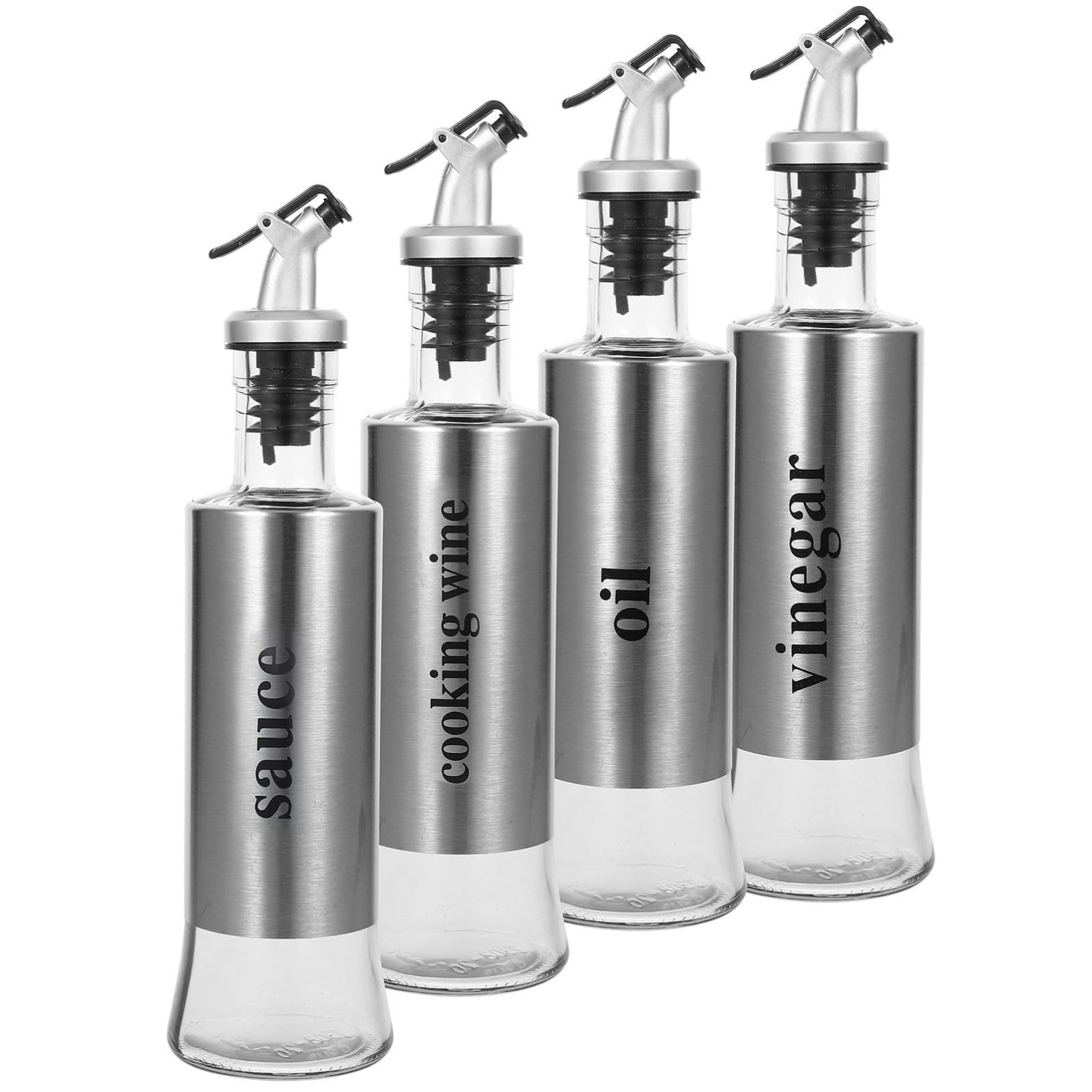 minkissy Dispenser Olio e Aceto in Vetro Capacità 300ml Set 4 Pezzi Dosatore Antigoccia Materiale Acciaio Inossidabile e Vetro, per Cucine Domestiche