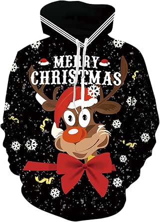 Ugly Christmas hoodies for men and women, funny 3D print pattern sweater pullover couple christmas party cool hooded sweatshirt with pocket