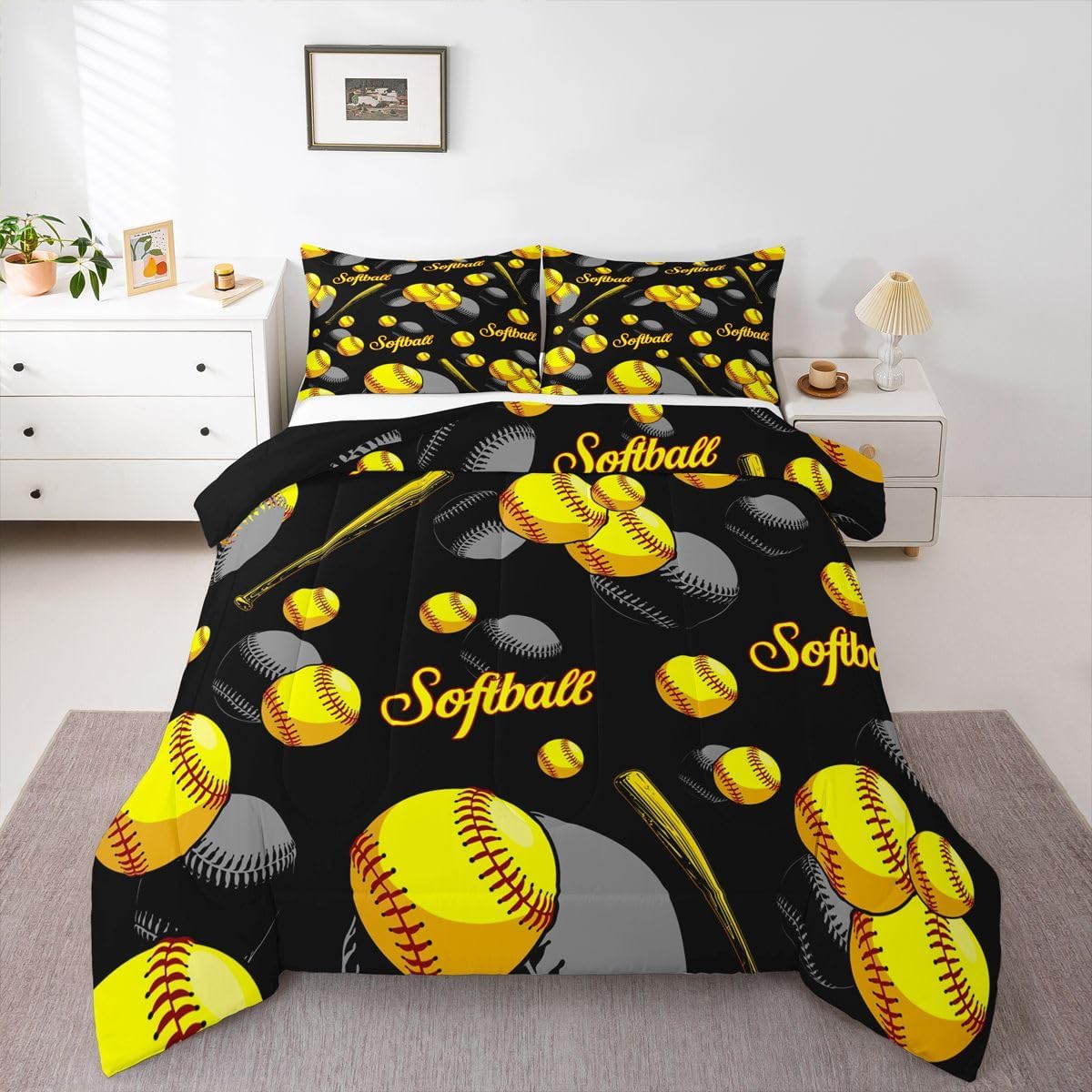 Erosebridal Softball Bedding Set Twin Size, Sports Games Comforter Set for Kids Girls Teens Room Home, Yellow and Black Quilt Softball Gifts Bedding Comforter Sets Softball Decor for Boys Bedroom