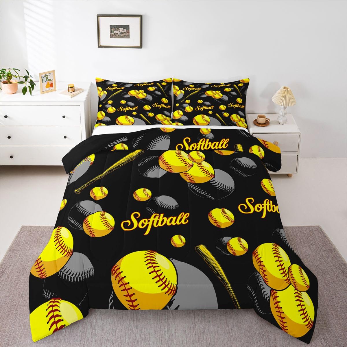 Erosebridal Softball Bedding Set Twin Size, Sports Games Comforter Set for Kids Girls Teens Room Home, Yellow and Black Quilt Softball Gifts Bedding