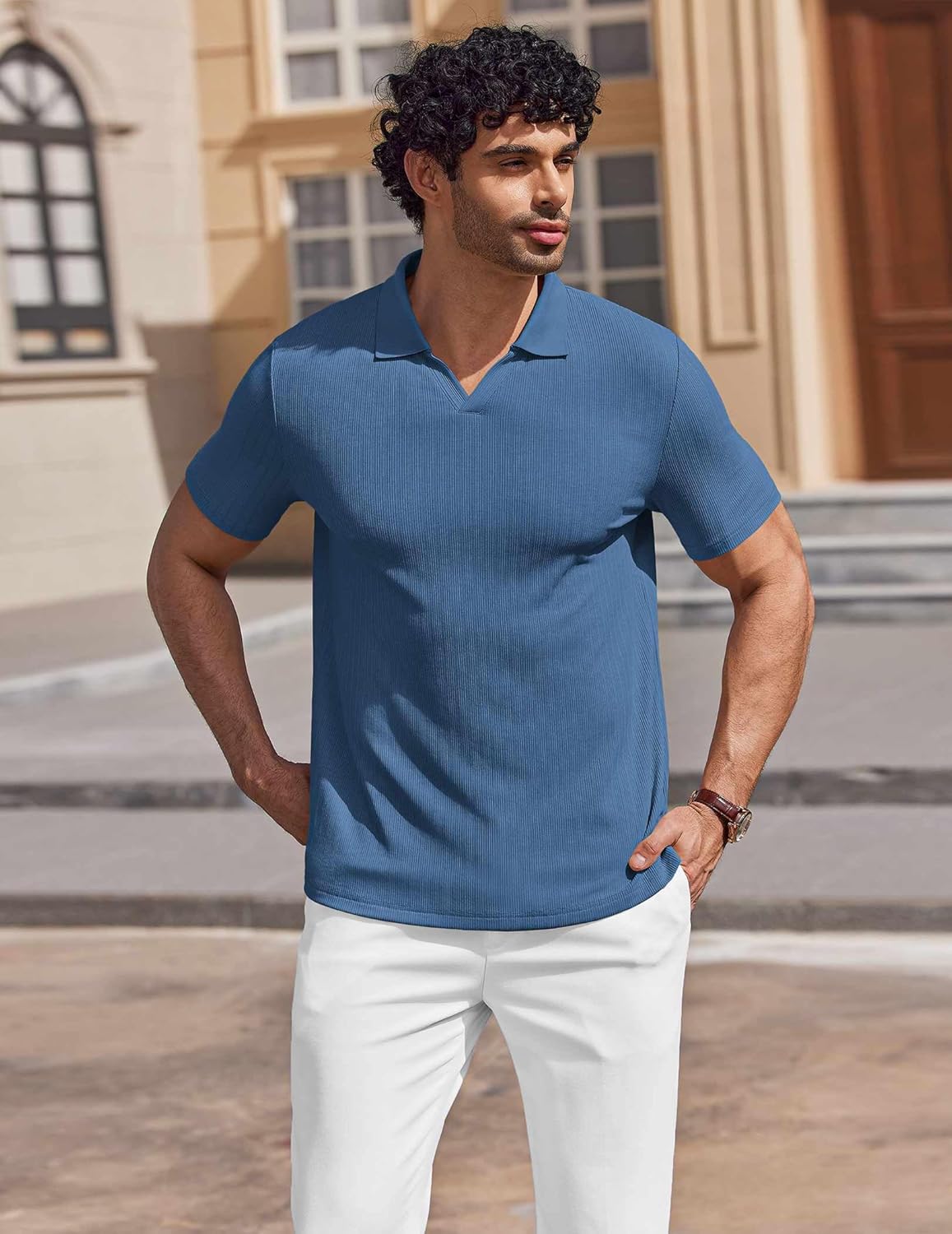 COOFANDY Men's Muscle V Neck Polo Shirts Stretch Short Sleeve Golf T-Shirts Ribbed Knit Soft Tees - Image 3