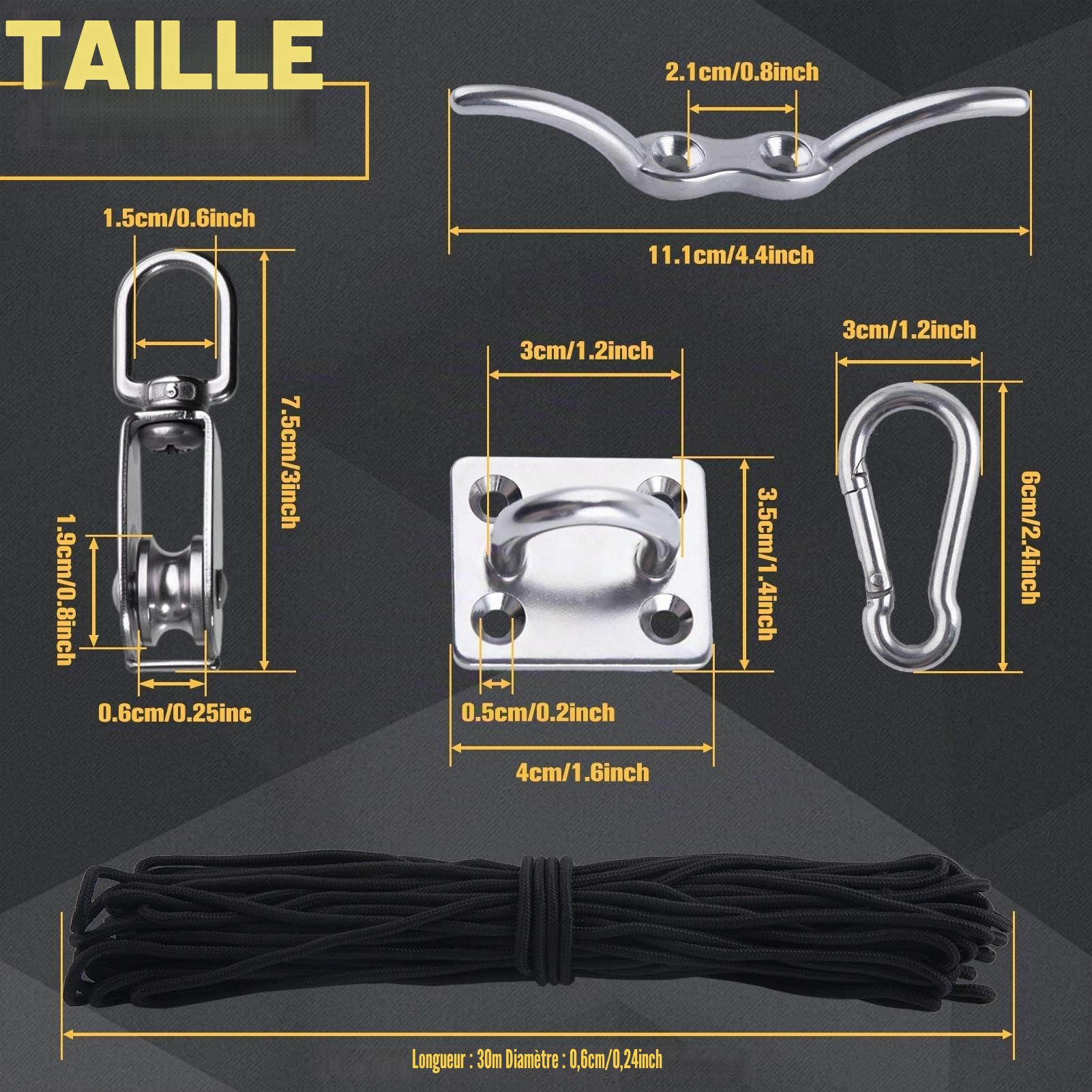 LEONTOOL Kit Poulie Simple en Acier Inoxydable 304 M20 – 9 Pièces avec Cordage Nylon, Plaque Œillet et Taquet – Système de Levage et Suspension Robustepour Garage, Bricolage et Hanging