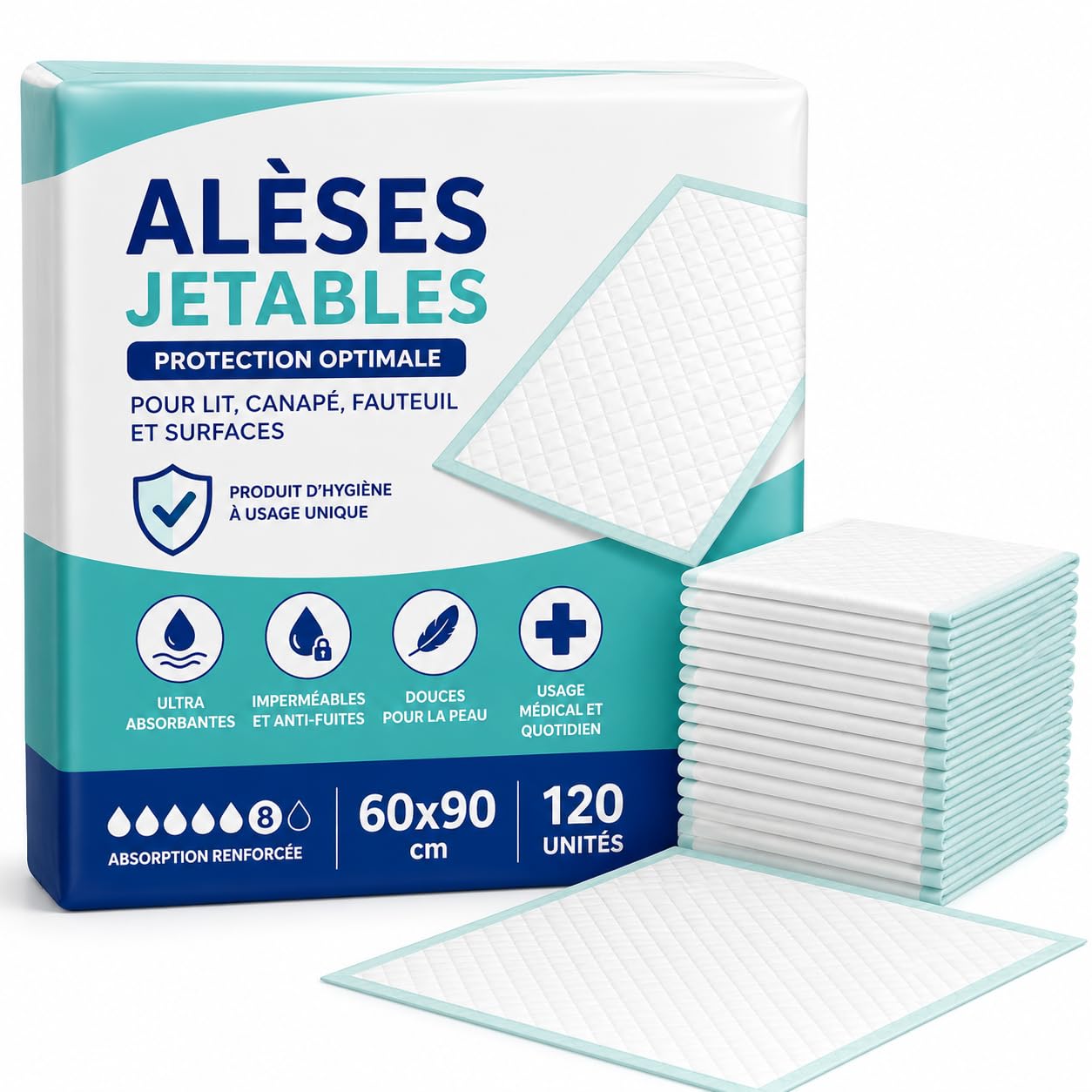Alèse Jetable Ultra-Absorbante pour Incontinence (60x90 cm) – Imperméable, Hypoallergénique et Douce – Protection pour Lits, Fauteuils et Chaises – Pack de 120 – Le Pro du Médical