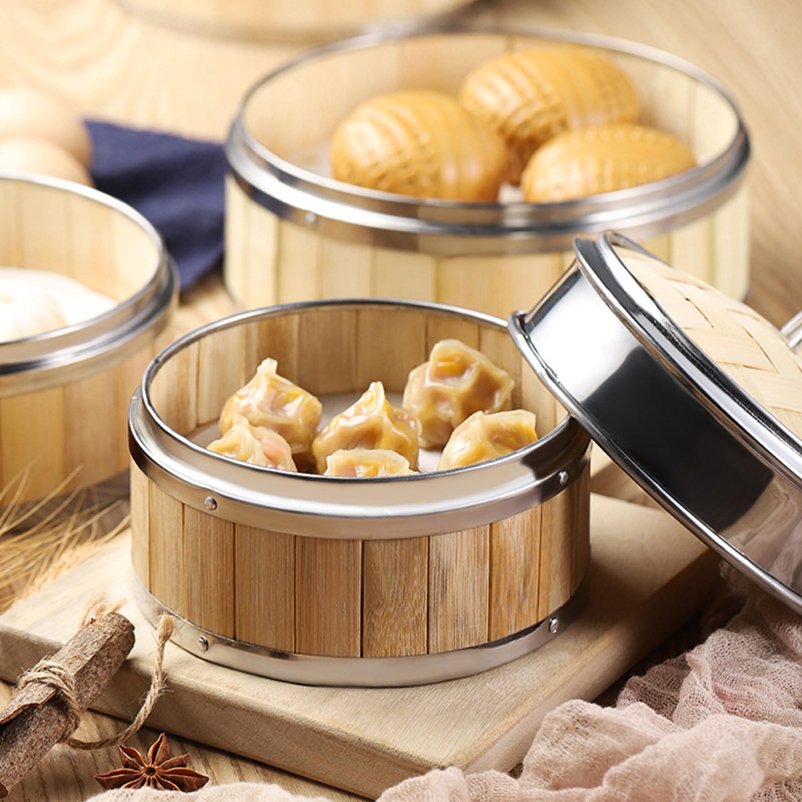AIZYR Cesta Vaporera De Bambú con Tapa Cesta Vaporera China De 3 Niveles Cesta para Cocinar Al Vapor para Cocinar Dumpling, Dim Sum, Arroz, Pescado Cesta De Vapor,6 Inch