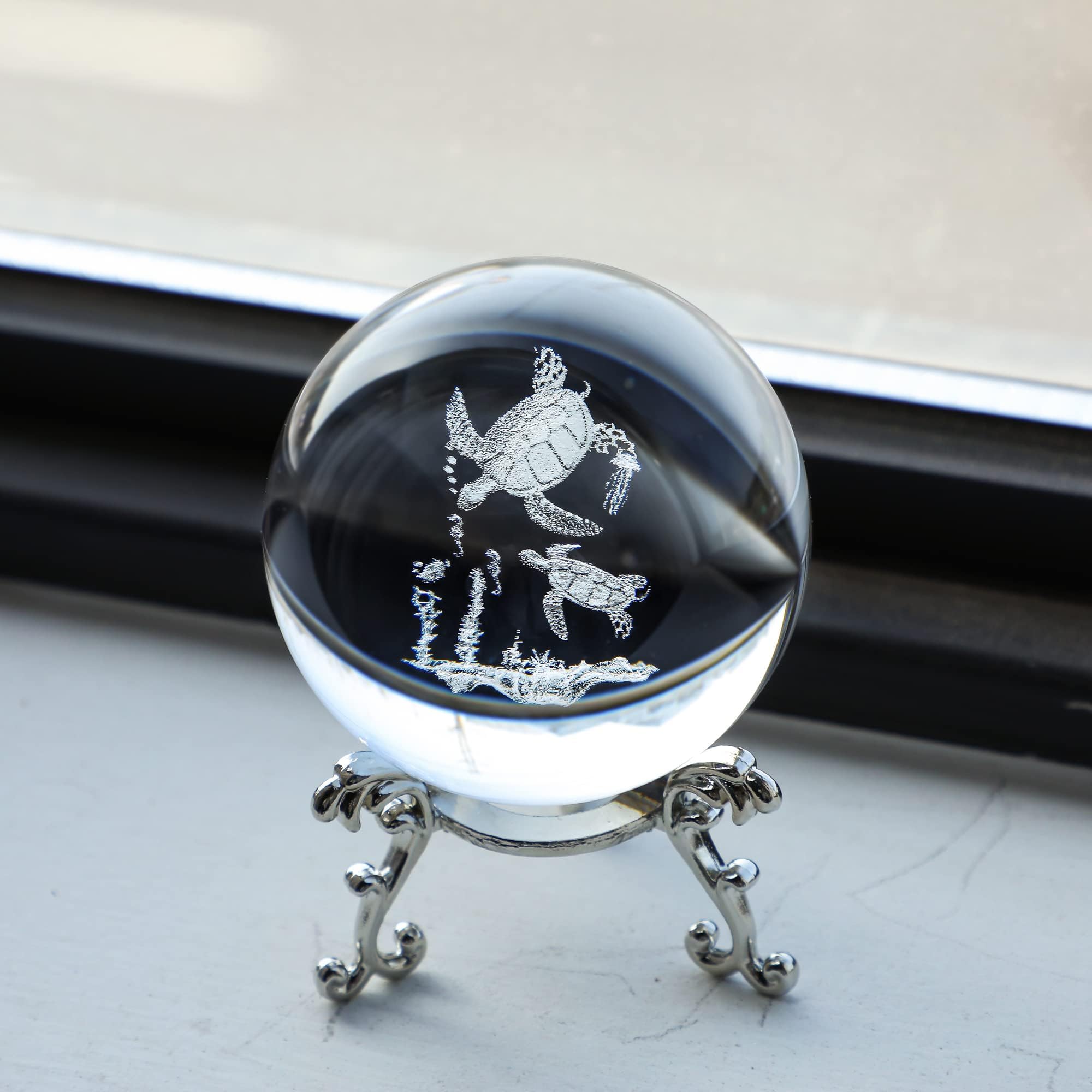 HDCRYSTALGIFTS Kryształowe szkło żółw morski figurka 60 mm (2,3 cala) 3D grawerowane laserowo kryształowe ozdoby zwierzęce sztuka, szklana kula ekspozycyjna rzeźba dekoracja domu prezent