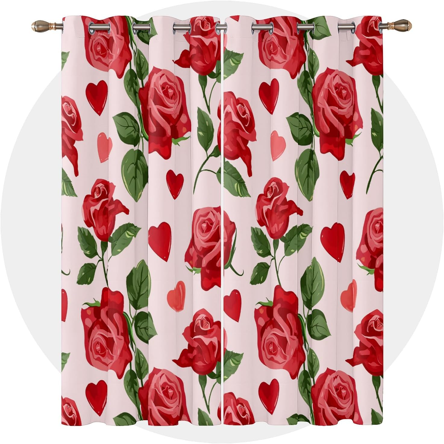 Floral Curtains 63 Inch Length - Red Rose Flower Romantic Love Heart Patterned Blackout Curtains for Living Room Bedroom, Room Darkening Grommet Drapes Window Treatments, 2 Panel Set
