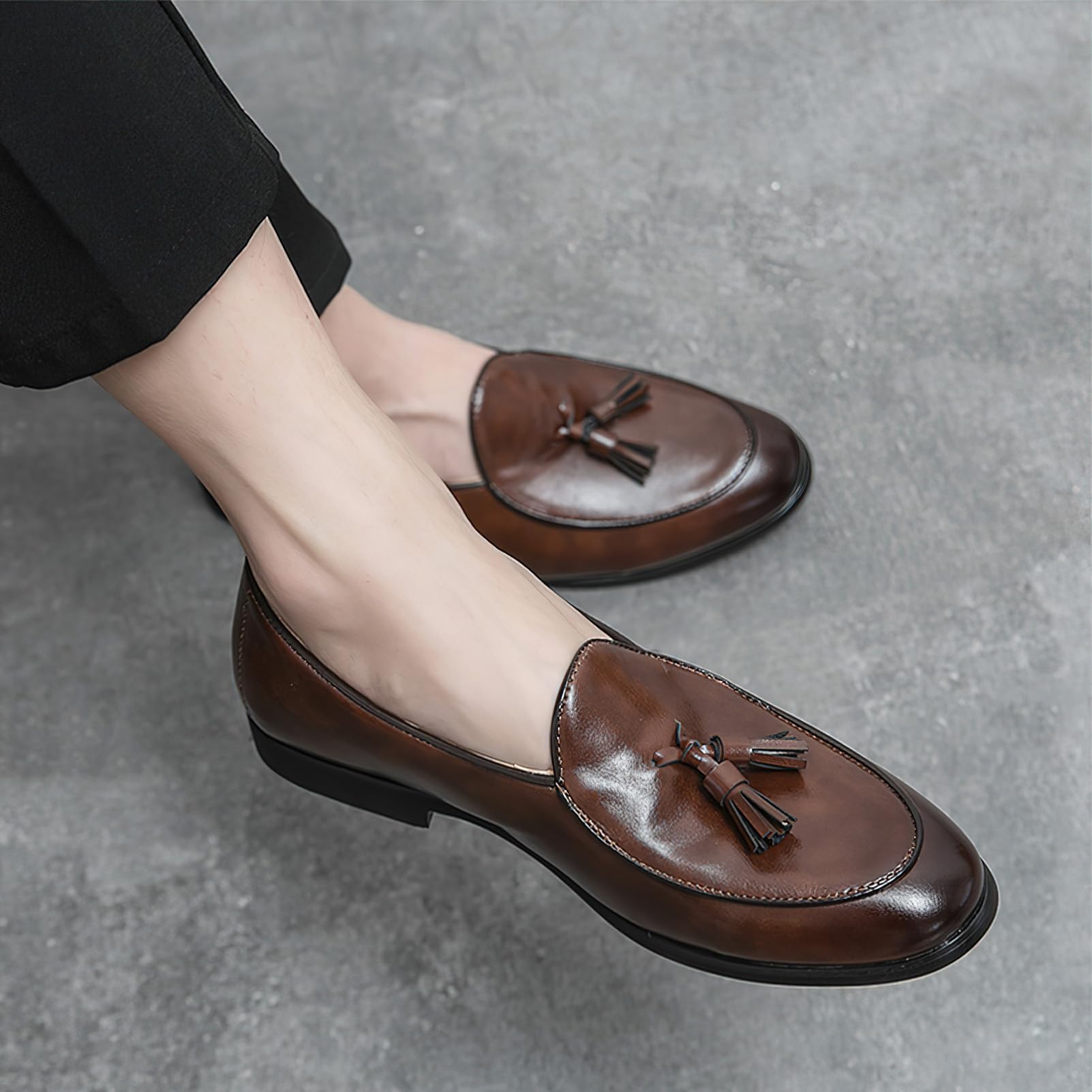 ANUFER Hombre Caña Baja Mocasines Planos con Borlas Clásico Slip-on Formal Zapatos de Vestir