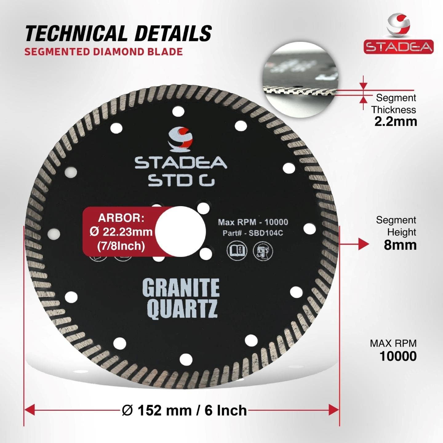 Stadea SBD114C Diamond Saw Blade 6-Inch Continuous Turbo Dry Cutting - Cuts Granite Quartz Quartzite, Fits Grinder, Saw Cutter, 8 MM Segments - Pack of 5