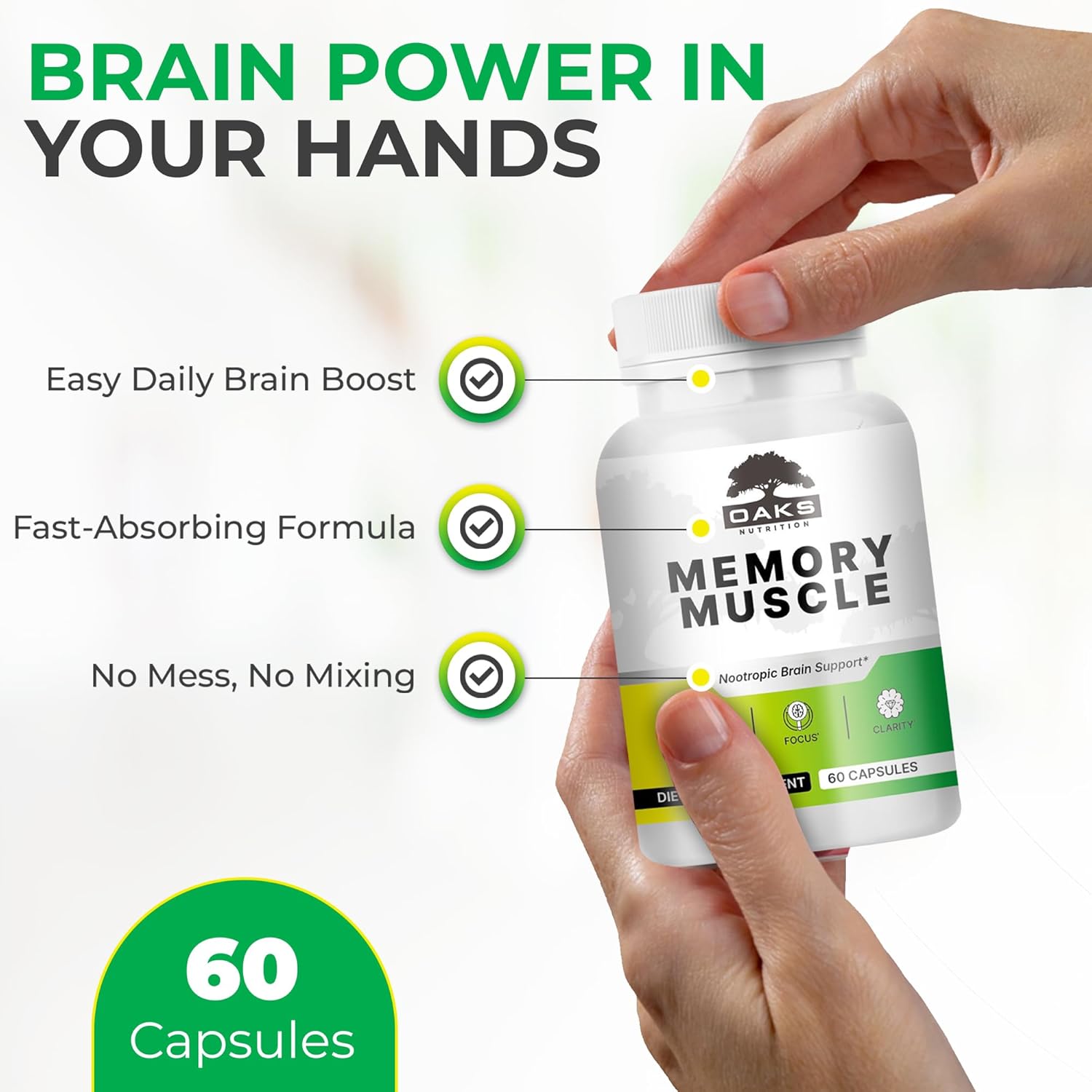 Memory Muscle – Advanced Nootropic Brain Supplement with Vitamin B12, Bacopa Monnieri & DMAE for Focus, Memory, Mental Clarity & Clean Energy – Premium Cognitive Support Formula
