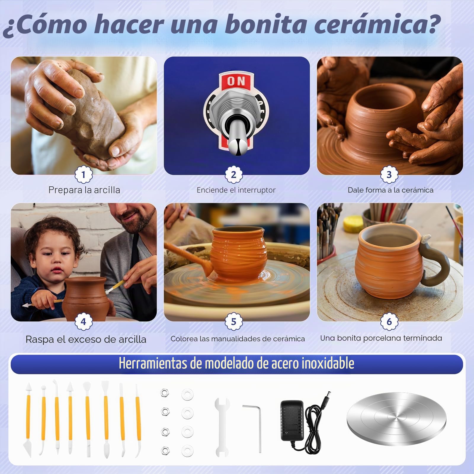 Mini Rueda de Cerámica, 2000RPM Máquina Eléctrica de Cerámica con Lavabo Extraíble de ABS y Placas de 10/6,5 cm y para cerámica de Arcilla, Kit Ceramica para Niños, Adultos Y Principiantes