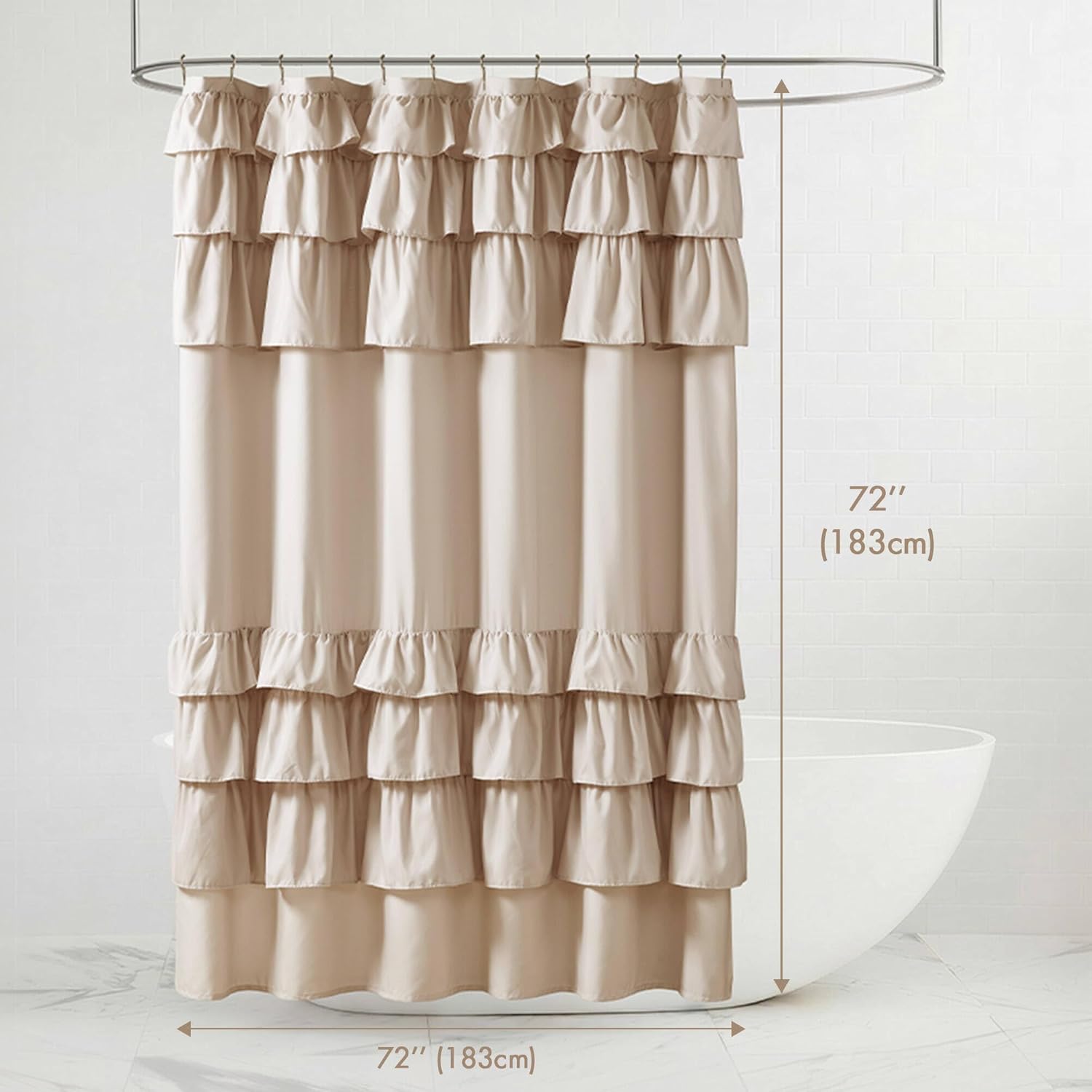 Madison Park Grace Ruffle Shower Curtain, Shabby Chic Ruffled Design, Farmhouse Cottage Bathroom Decor, Machine Washable, Fabric Privacy Screen 72x72, Beige