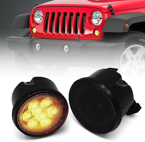 Luces de señal de giro DKMGHT con lente ahumada para Jeep Wrangler 2007-2018 JK JKU, luces LED color ámbar, parrilla delantera, intermitentes,